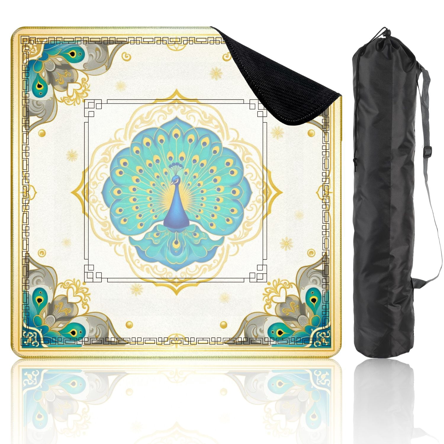 Mahjong Mat 31.5" x 31.5" Elegant Peacock Vibrant Blue Green Feathers Ornate Gold Frame Non-Slip Noise Reduction American Mahjong Tiles Table Cover for Dominoes Poker Card Board Games Gift