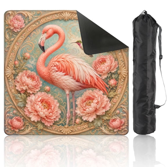 Mahjong Mat 31.5" x 31.5" Elegant Pink Hummingbirds Amid Soft Peach Peonies Ornamental Non-Slip Noise Reduction American Mahjong Tiles Table Cover for Dominoes Poker Card Board Games Gift
