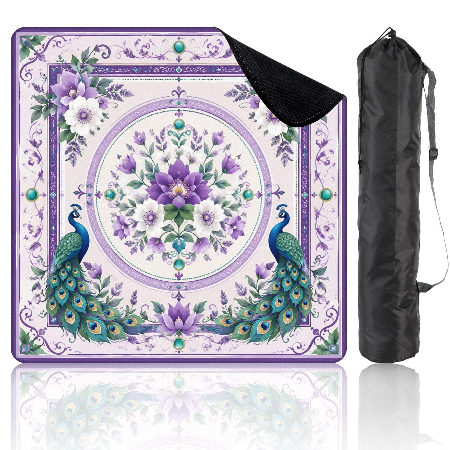 Mahjong Mat 31.5" x 31.5" Elegant Purple White Floral Peacocks Ornamental Border Non-Slip Noise Reduction Mahjong Tiles Table Cover for Dominoes Poker Card Board and Tile Games