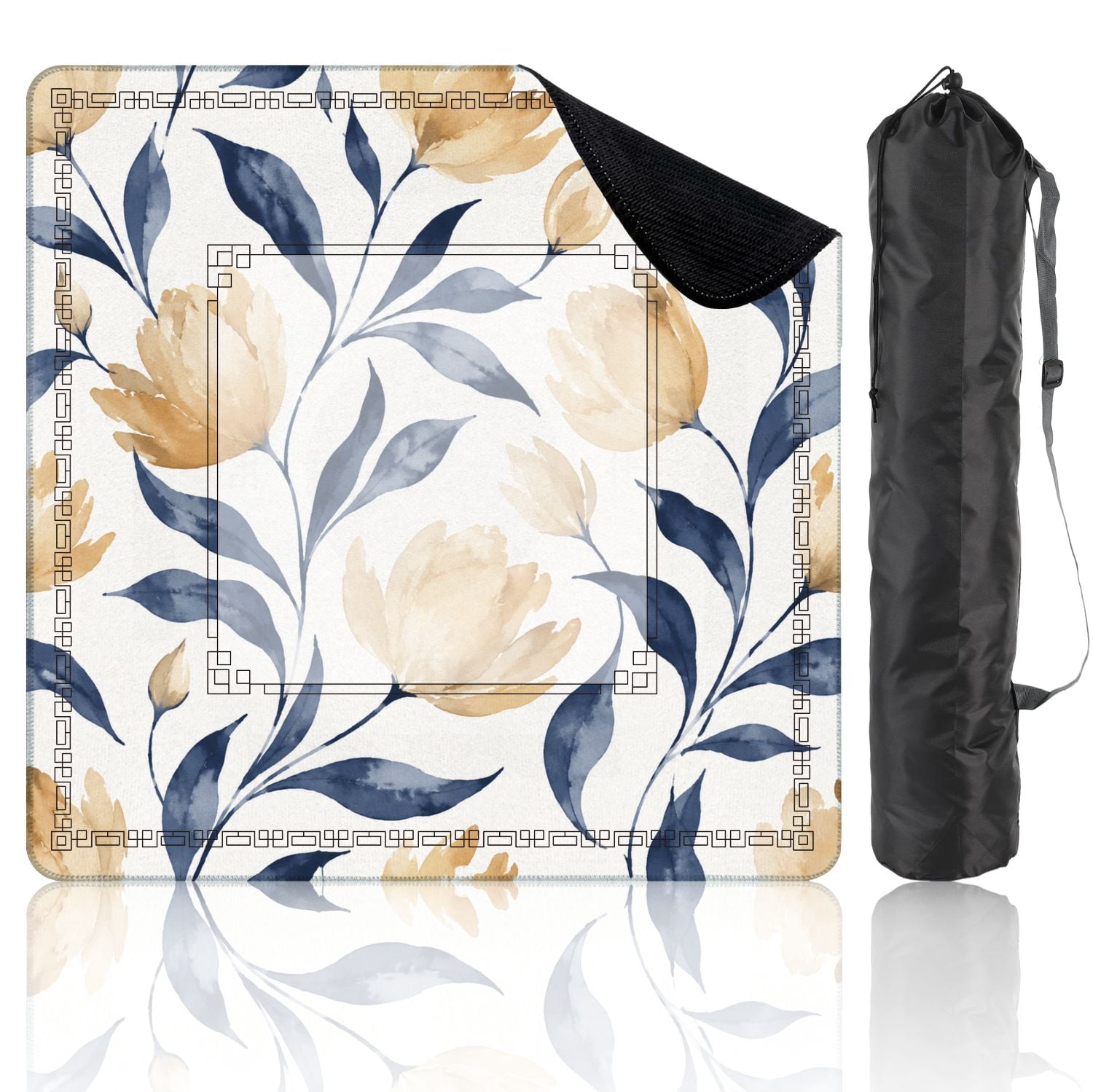 Mahjong Mat 31.5" x 31.5" Elegant Watercolor Floral Beige Tulips Navy Blue Leaves Non-Slip Noise Reduction American Mahjong Tiles Table Cover for Dominoes Poker Card Board Games Gift