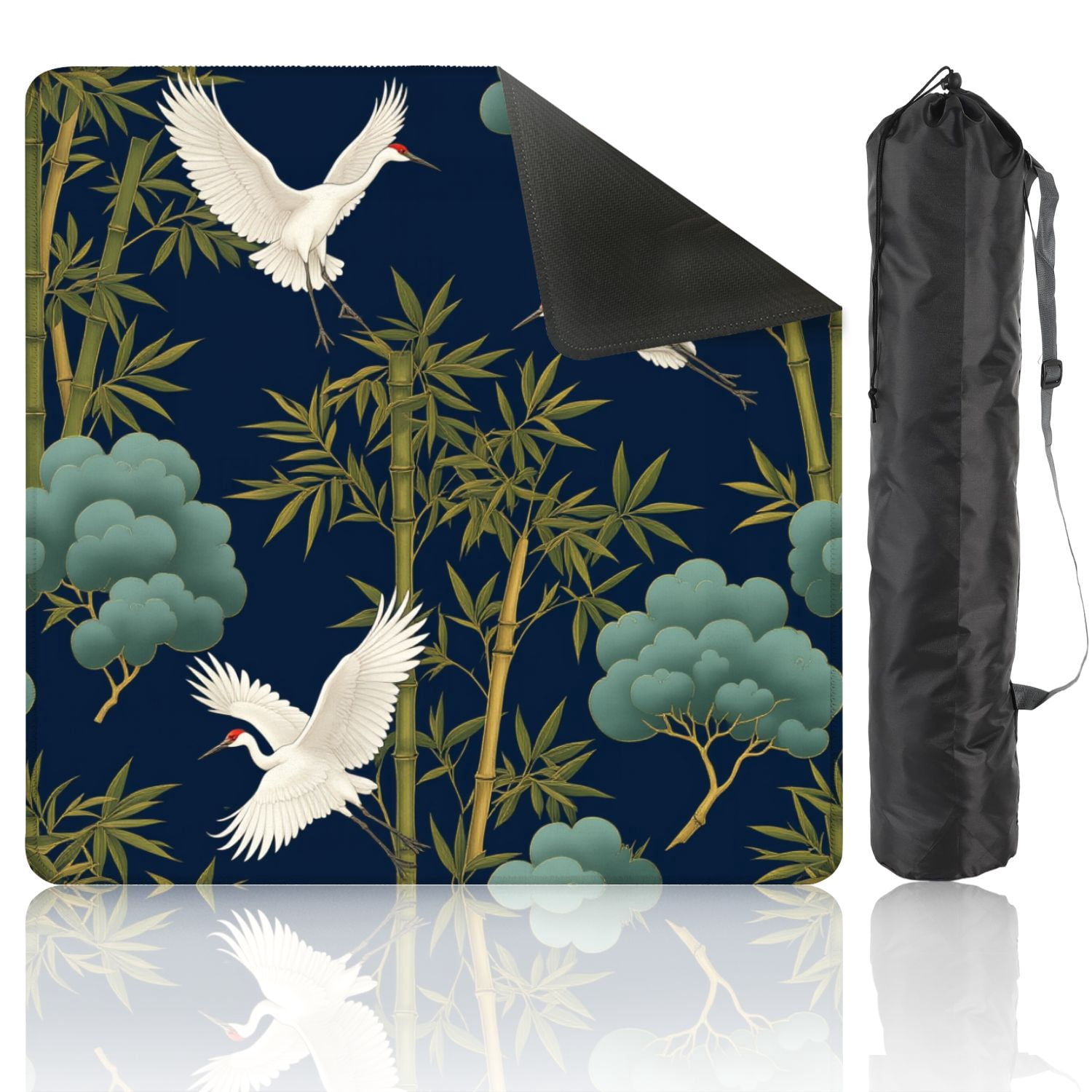 Mahjong Mat 31.5" x 31.5" Elegant White Cranes Among Green Bamboo Stylized Trees Dark Blue Non-Slip Noise Reduction American Mahjong Tiles Table Cover for Dominoes Poker Card Board Games Gift
