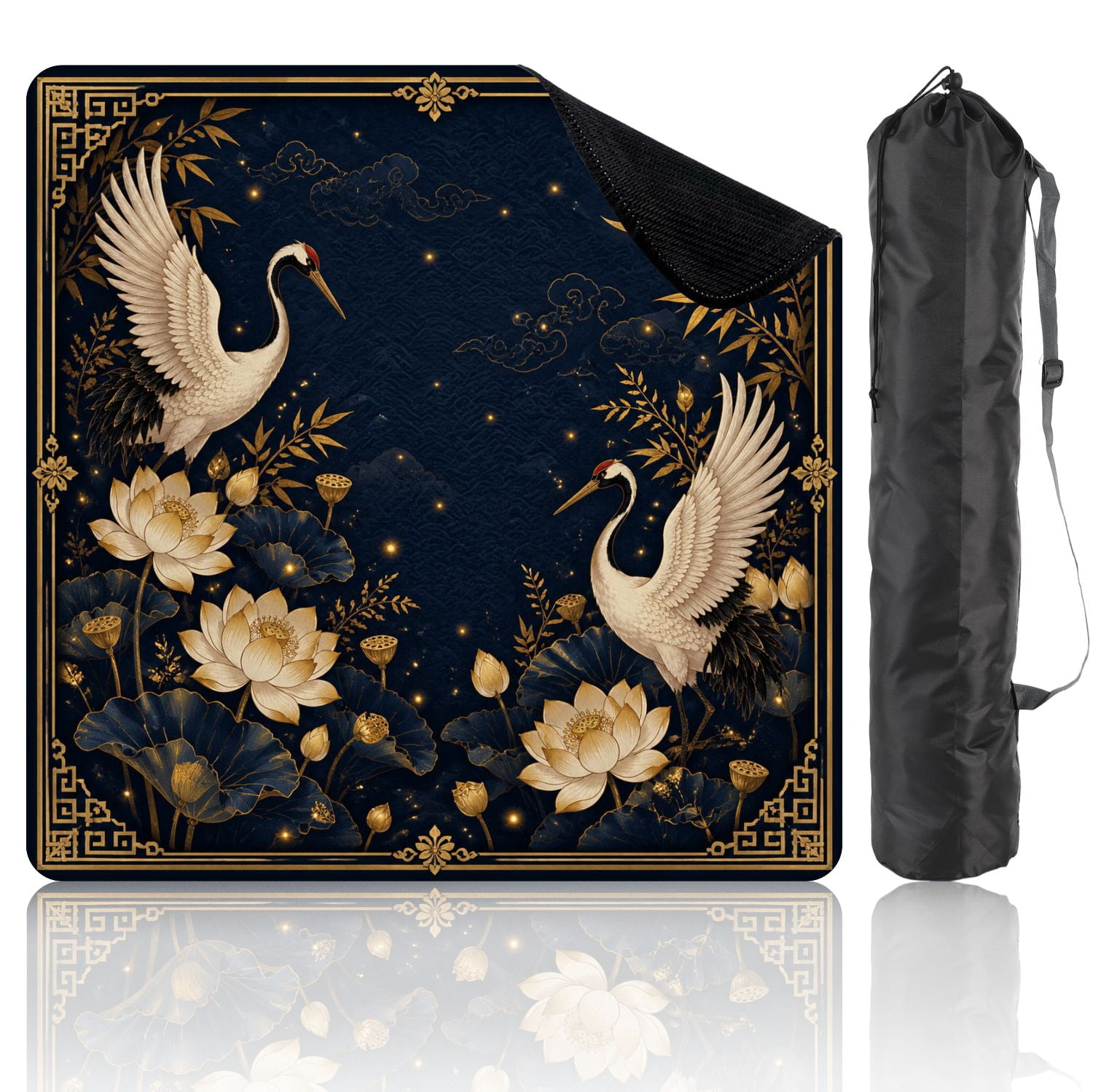 Mahjong Mat 31.5" x 31.5" Elegant White Cranes Golden Lotus Flowers Leaves Dark Blue Night Sky Non-Slip Noise Reduction Mahjong Tiles Table Cover for Dominoes Poker Card Board and Tile Games
