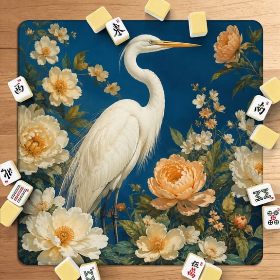 Mahjong Mat 31.5" x 31.5" Elegant White Heron Among Peach White Flowers Blue Non-Slip Noise Reduction American Mahjong Tiles Table Cover for Dominoes Poker Card Board Games Gift