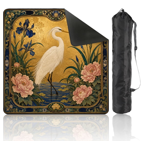 Mahjong Mat 31.5" x 31.5" Elegant White Heron Standing Among Pink Peonies Blue Irises Ornamental Non-Slip Noise Reduction American Mahjong Tiles Table Cover for Dominoes Poker Card Board Games Gift