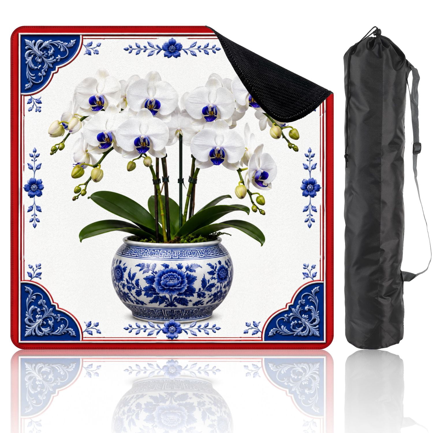 Mahjong Mat 31.5" x 31.5" Elegant White Orchids Blue White Porcelain Bowl Red Non-Slip Noise Reduction Mahjong Tiles Table Cover for Dominoes Poker Card Board and Tile Games
