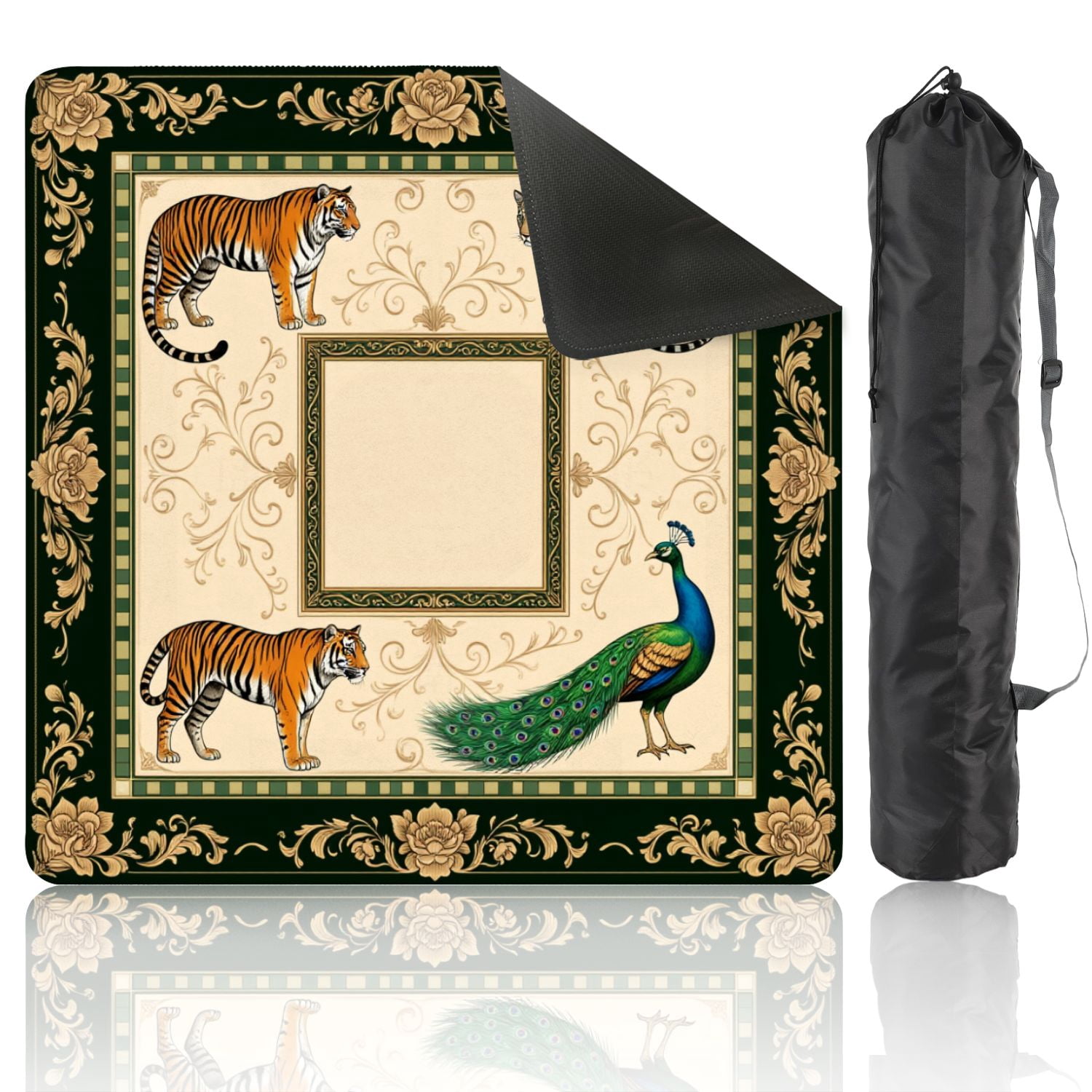 Mahjong Mat 31.5" x 31.5" Exotic Animal Tigers Leopard Peacock Ornate Floral Frame Non-Slip Noise Reduction American Mahjong Tiles Table Cover for Dominoes Poker Card Board Games Gift
