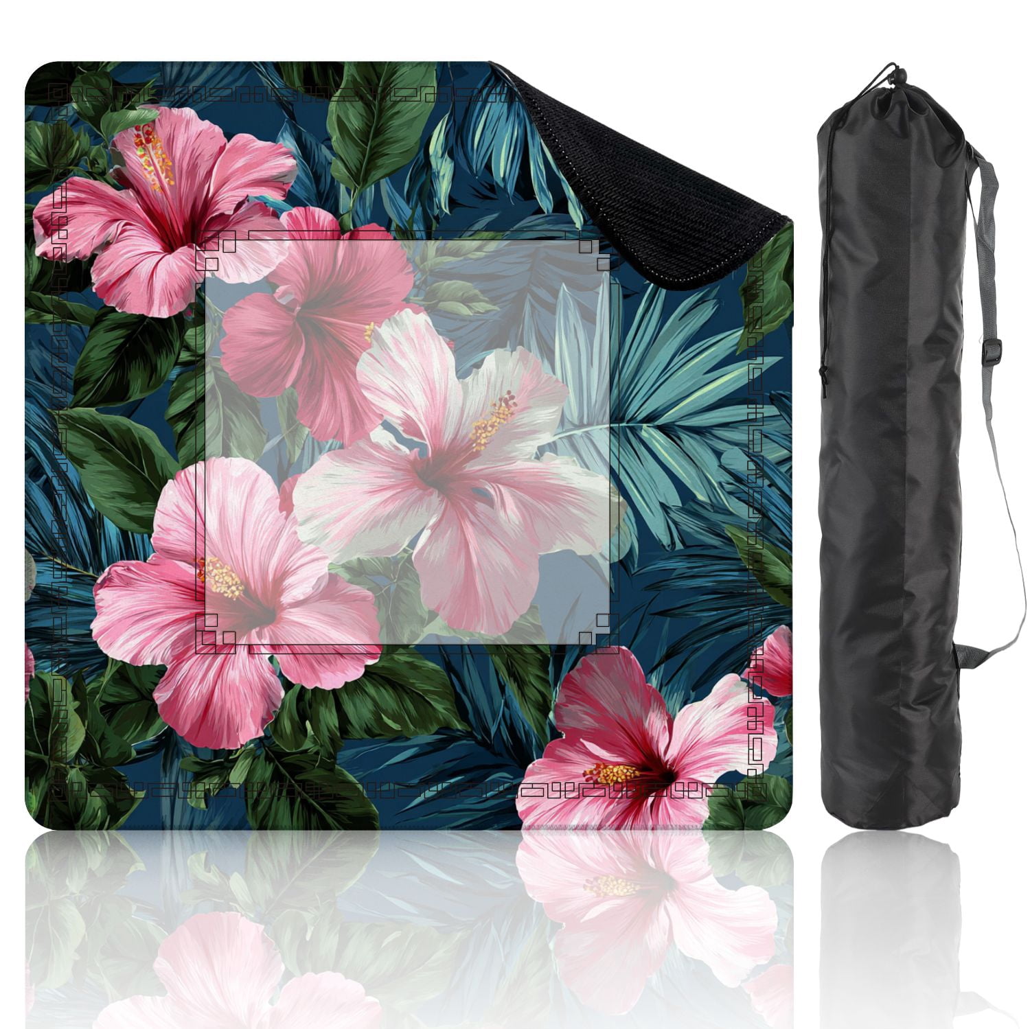 Mahjong Mat 31.5" x 31.5" Exotic tropical flowers pink hibiscus green monstera palm leaves Non-Slip Noise Reduction American Mahjong Tiles Table Cover for Dominoes Poker Card Board Games Gift
