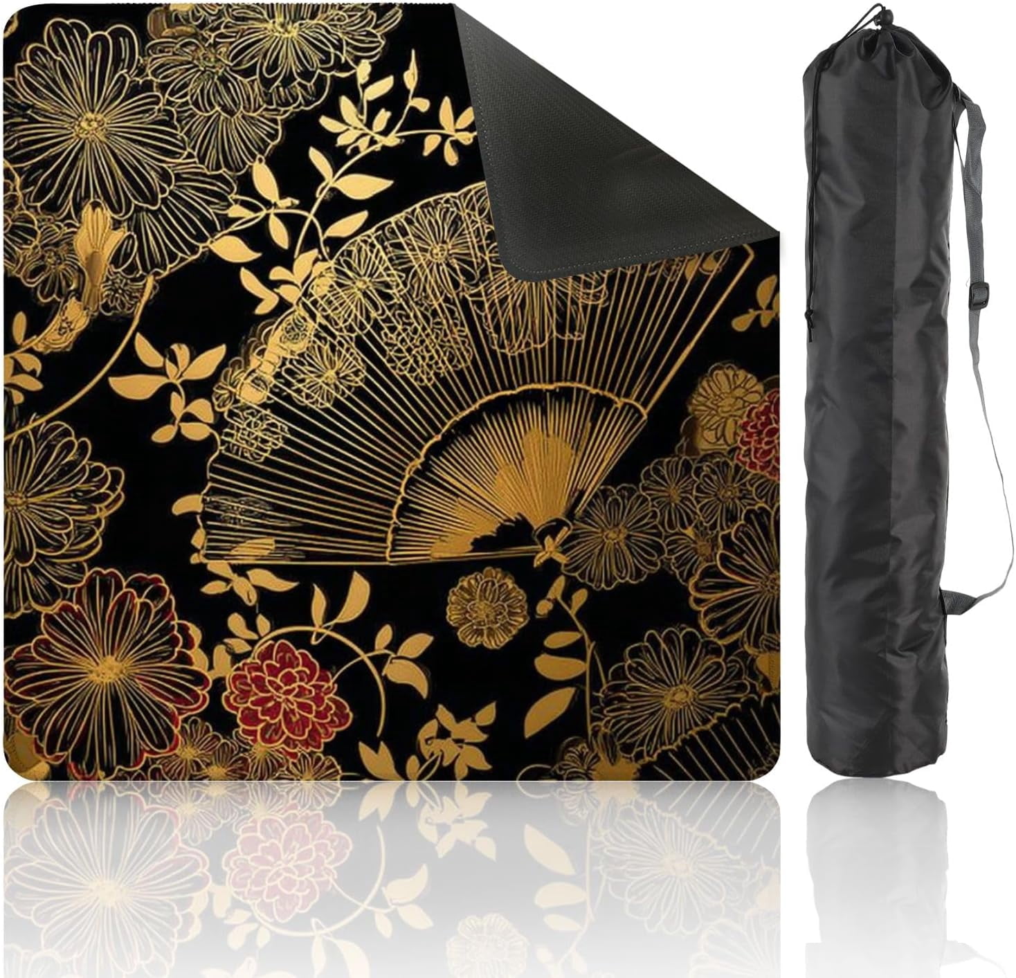Mahjong Mat 31.5" x 31.5" Fan Flower Unbrella Japanese Chinese Seamless Design Gold Black Non-Slip Noise Reduction Mahjong Tiles Table Cover for Dominoes Poker Card Board and Tile Games