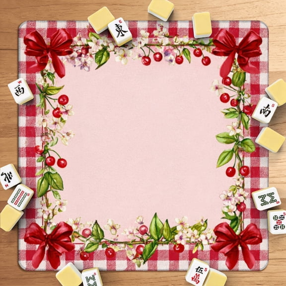 Mahjong Mat 31.5" x 31.5" Festive Christmas Frame Red Ribbons Cherry Blossoms Non-Slip Noise Reduction American Mahjong Tiles Table Cover for Dominoes Poker Card Board Games Gift