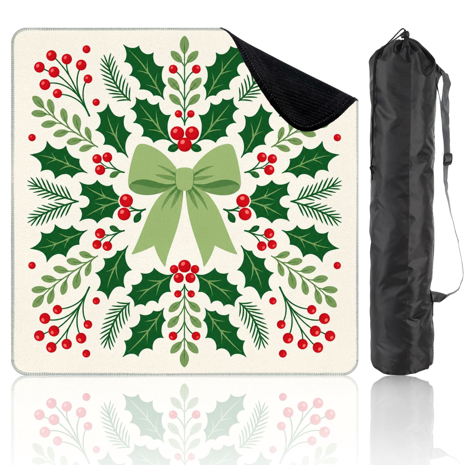 Mahjong Mat 31.5" x 31.5" Festive Christmas Holly Red Berries Green Bow Snowflake Non-Slip Noise Reduction Chic Portable Gaming Table Cover for Family Game Night & Gift