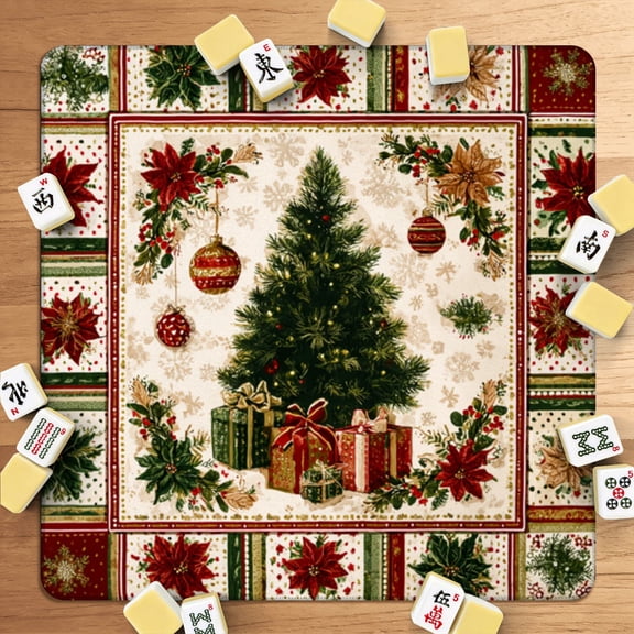 Mahjong Mat 31.5" x 31.5" Festive Christmas Tree Gifts Poinsettia Patterns Red Non-Slip Noise Reduction American Mahjong Tiles Table Cover for Dominoes Poker Card Board Games Gift