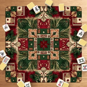 Mahjong Mat 31.5" x 31.5" Festive Patchwork Pine Branches Geometric Designs Red Green Non-Slip Noise Reduction American Mahjong Tiles Table Cover for Dominoes Poker Card Board Games Gift