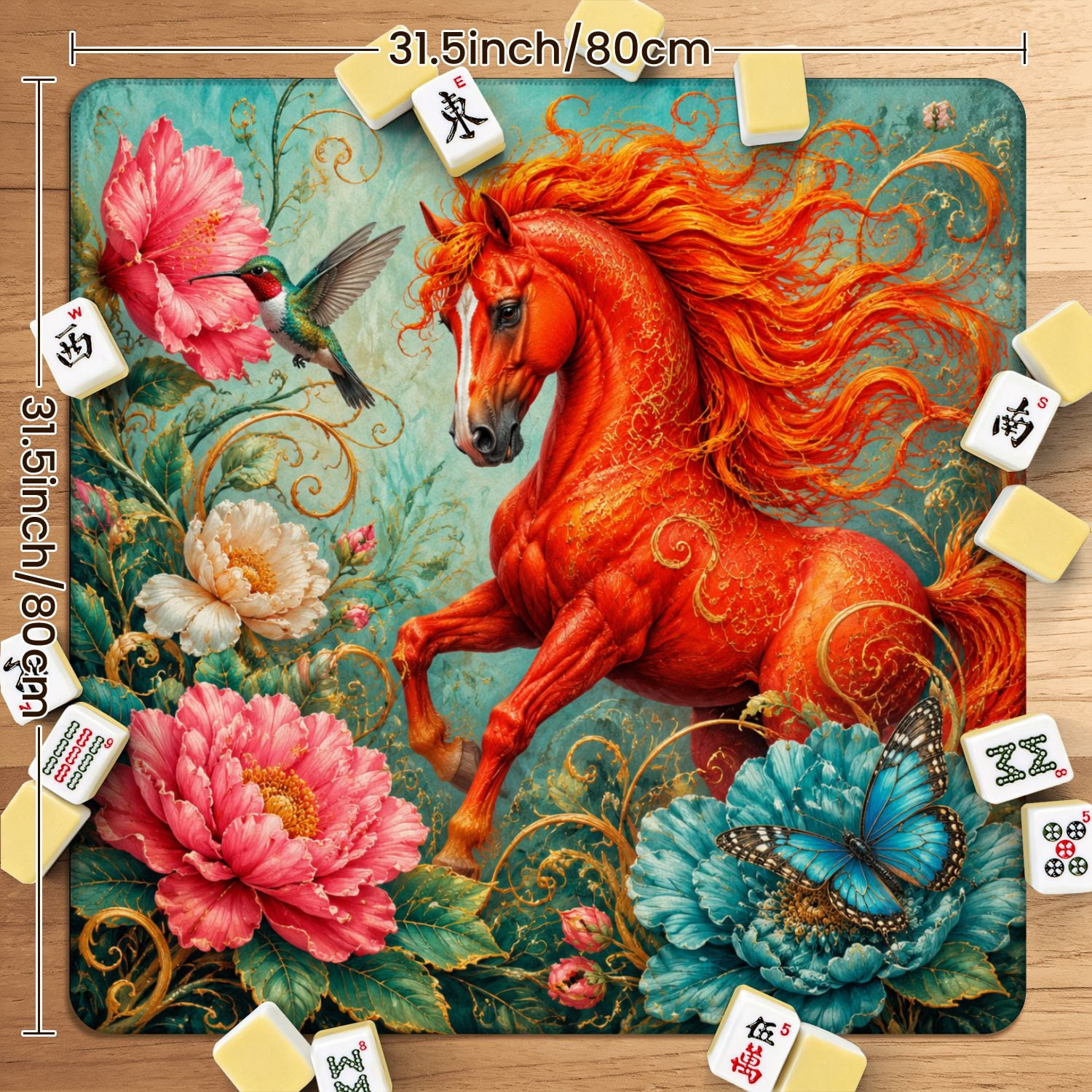 Mahjong Mat 31.5" x 31.5" Fiery Red Horse Flowing Mane Surrounded by Blue Floral Elements Bird Non-Slip Noise Reduction American Mahjong Tiles Table Cover for Dominoes Poker Card Board Games Gift