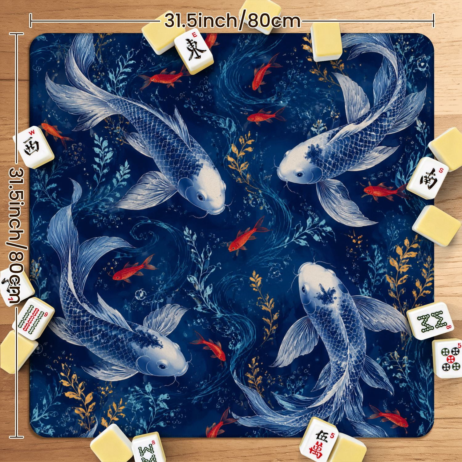 Mahjong Mat 31.5" x 31.5" Fish Flowing Lines Deep Blue Non-Slip Noise Reduction American Mahjong Tiles Table Cover for Dominoes Poker Card Board Games Gift
