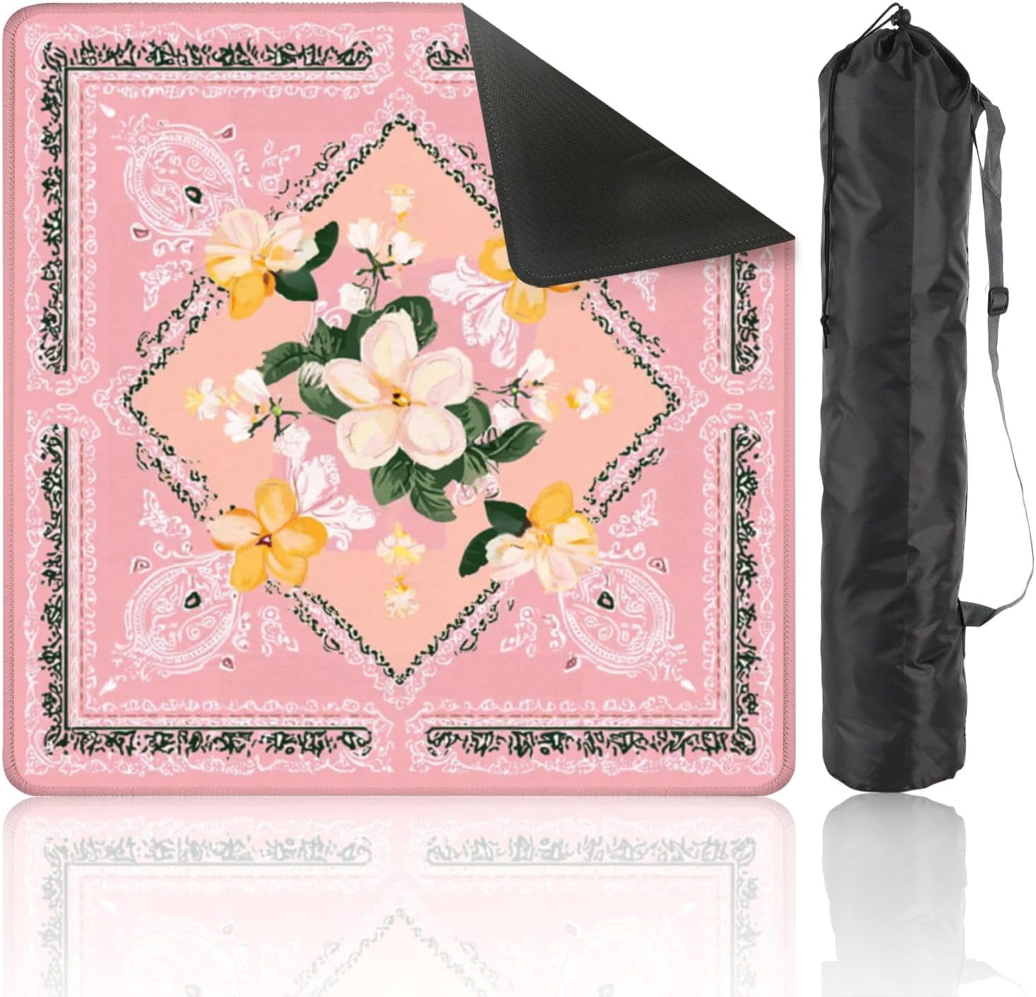 Mahjong Mat 31.5" x 31.5" Floral Bandana Pink Yellow Flowers Soft Pink Non-Slip Noise Reduction Mahjong Tiles Table Cover for Dominoes Poker Card Board and Tile Games
