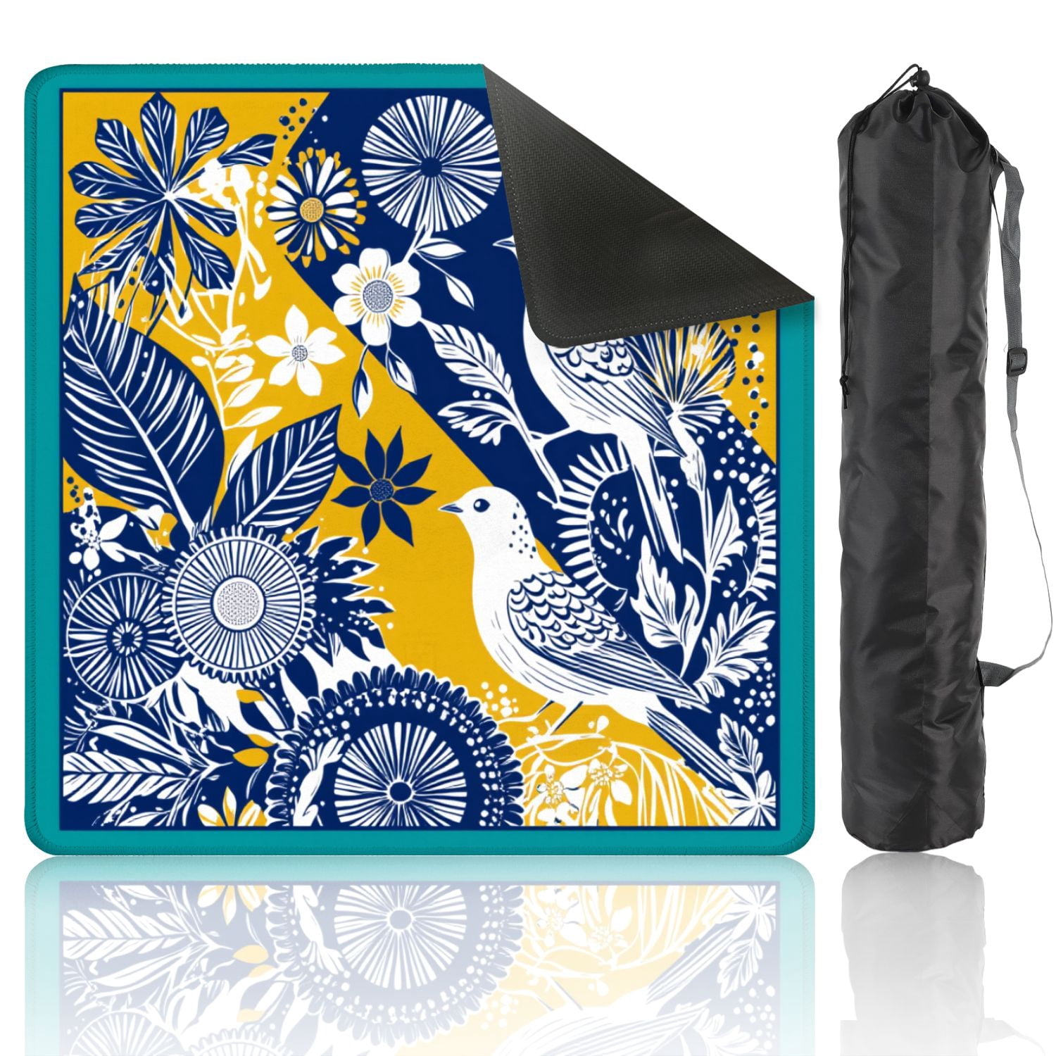 Mahjong Mat 31.5" x 31.5" Floral Bird Design Blue Yellow Abstract Elements Non-Slip Noise Reduction American Mahjong Tiles Table Cover for Dominoes Poker Card Board Games Gift