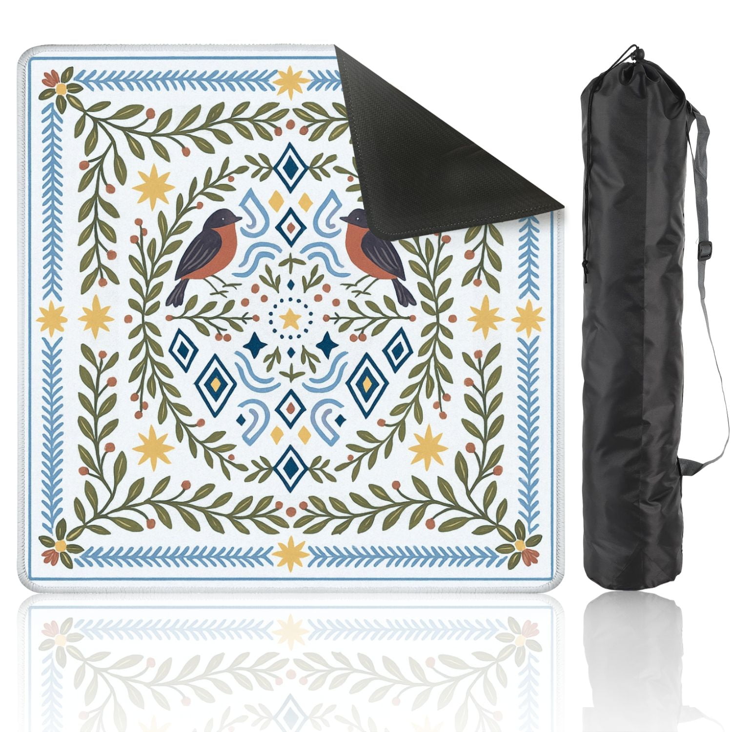 Mahjong Mat 31.5" x 31.5" Floral Bird Geometric Accents Earthy Tones Anti-Slip and Noise Reduction Symmetry Design Mahjong Tiles Table Cover for Dominoes Poker Card Board and Tile Games