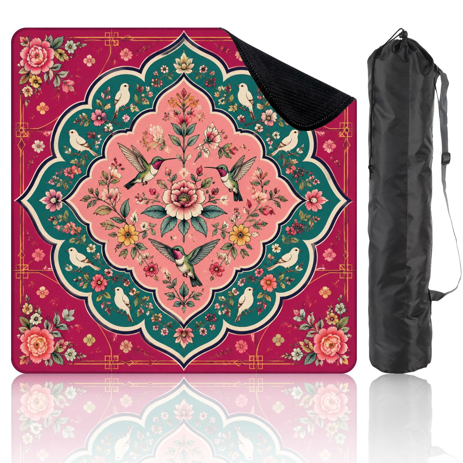 Mahjong Mat 31.5" x 31.5" Floral Bird Pink Green Non-Slip Noise Reduction Mahjong Tiles Table Cover for Dominoes Poker Card Board and Tile Games