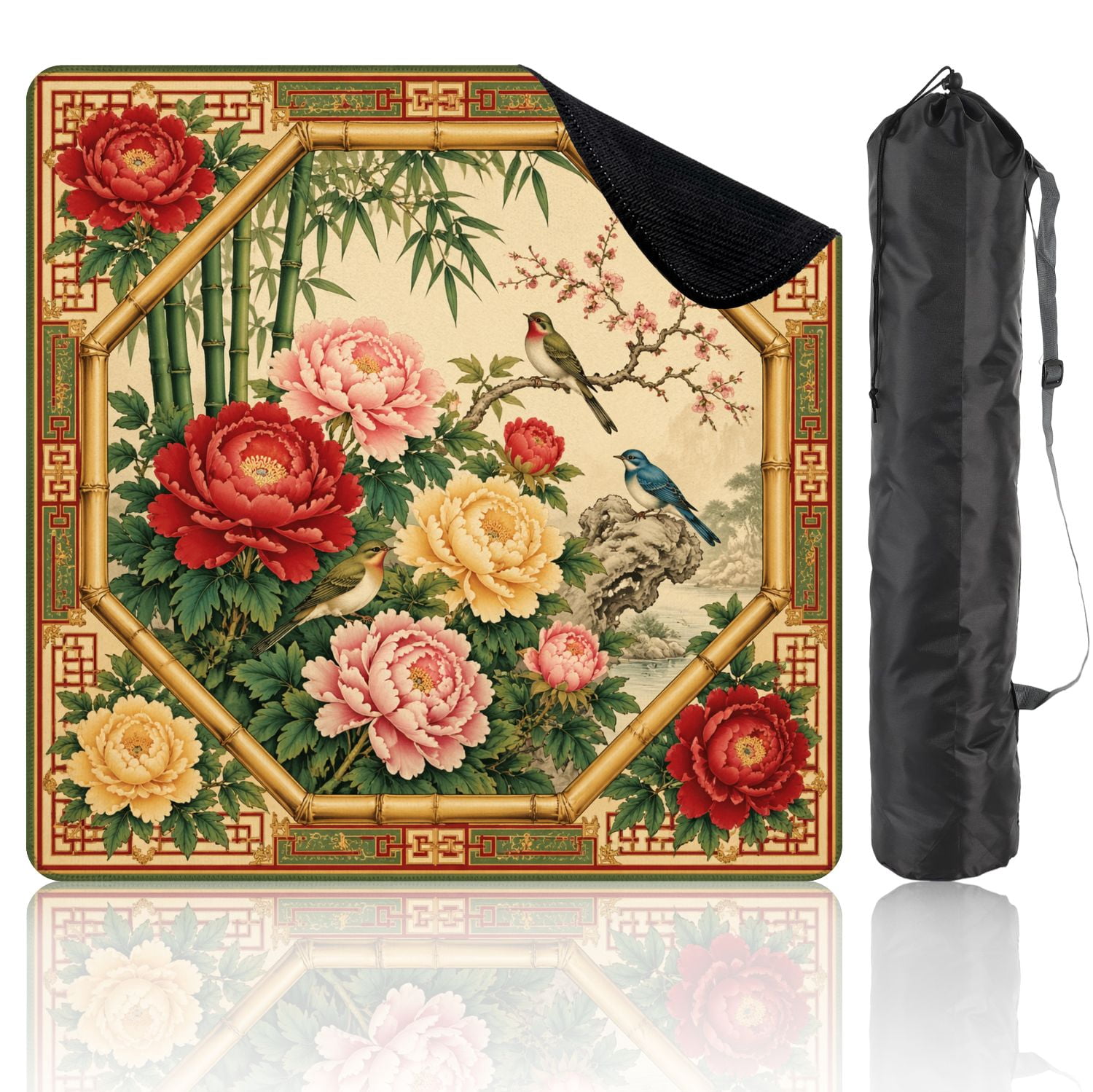 Mahjong Mat 31.5" x 31.5" Floral Bird Vintage Bamboo Peony Flowers Non-Slip Noise Reduction Mahjong Tiles Table Cover for Dominoes Poker Card Board and Tile Games