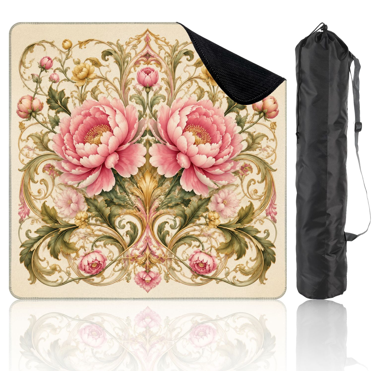 Mahjong Mat 31.5" x 31.5" Floral Blossom Pink Green Leaves Vintage Style Non-Slip Noise Reduction Mahjong Tiles Table Cover for Dominoes Poker Card Board and Tile Games