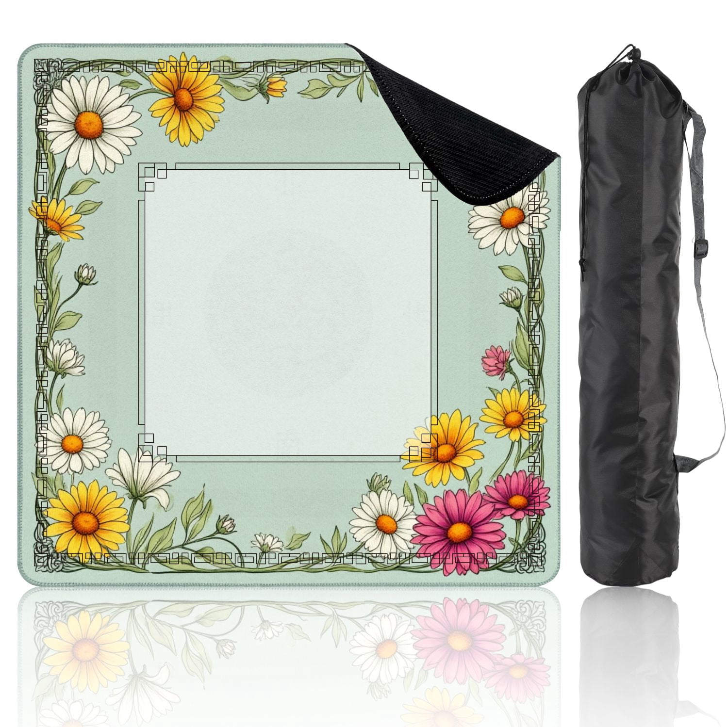Mahjong Mat 31.5" x 31.5" Floral Border Daisies Sunflowers Soft Pastel Colors Non-Slip Noise Reduction American Mahjong Tiles Table Cover for Dominoes Poker Card Board Games Gift