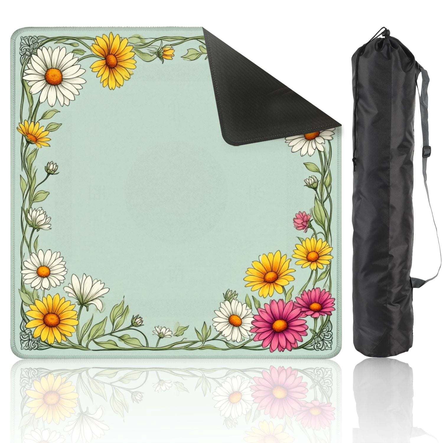Mahjong Mat 31.5" x 31.5" Floral Border Daisies Sunflowers Soft Pastel Colors Non-Slip Noise Reduction American Mahjong Tiles Table Cover for Dominoes Poker Card Board Games Gift