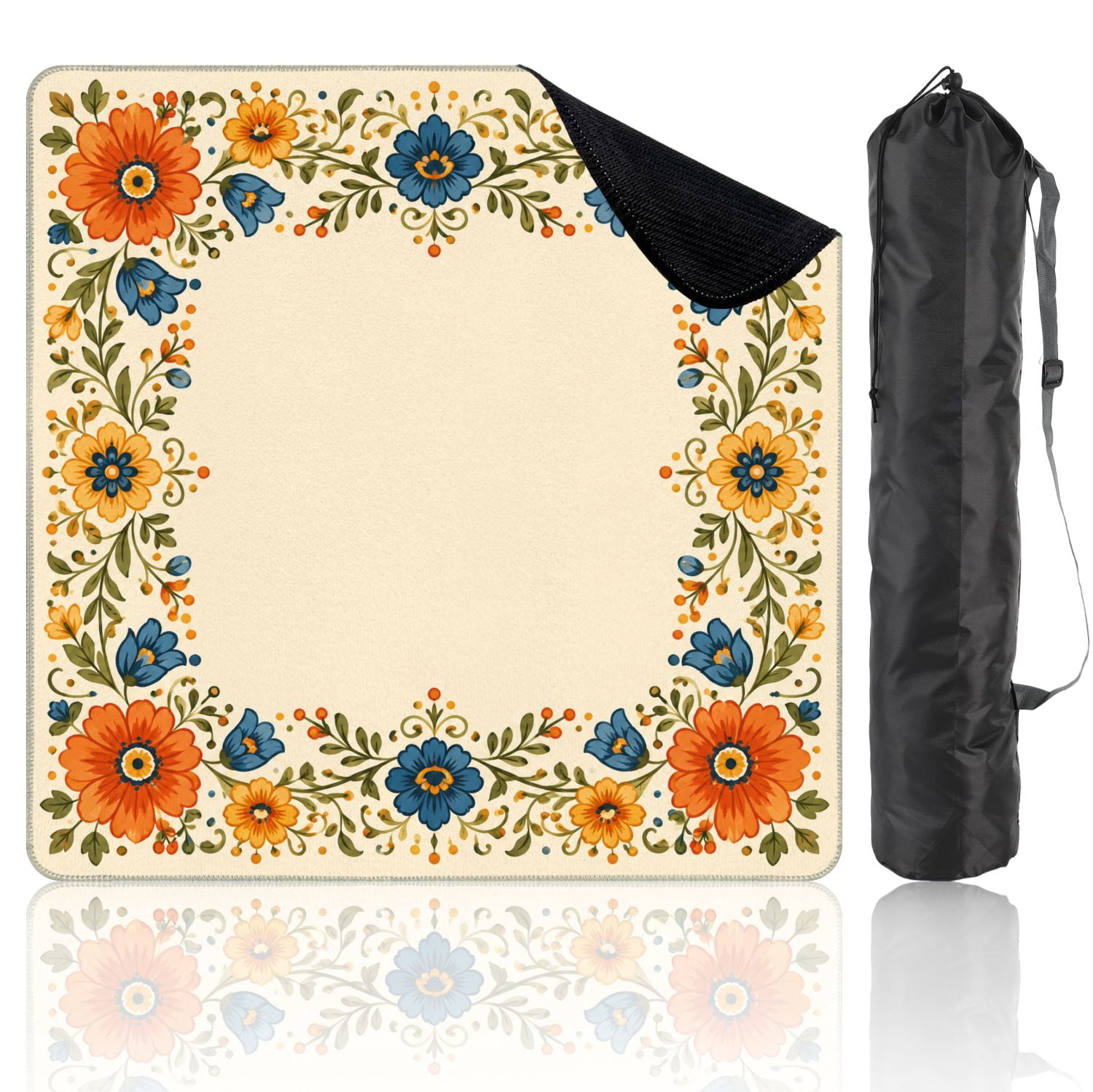 Mahjong Mat 31.5" x 31.5" Floral Border Design Orange Blue Green Flowers Leaves Non-Slip Noise Reduction Mahjong Tiles Table Cover for Dominoes Poker Card Board and Tile Games