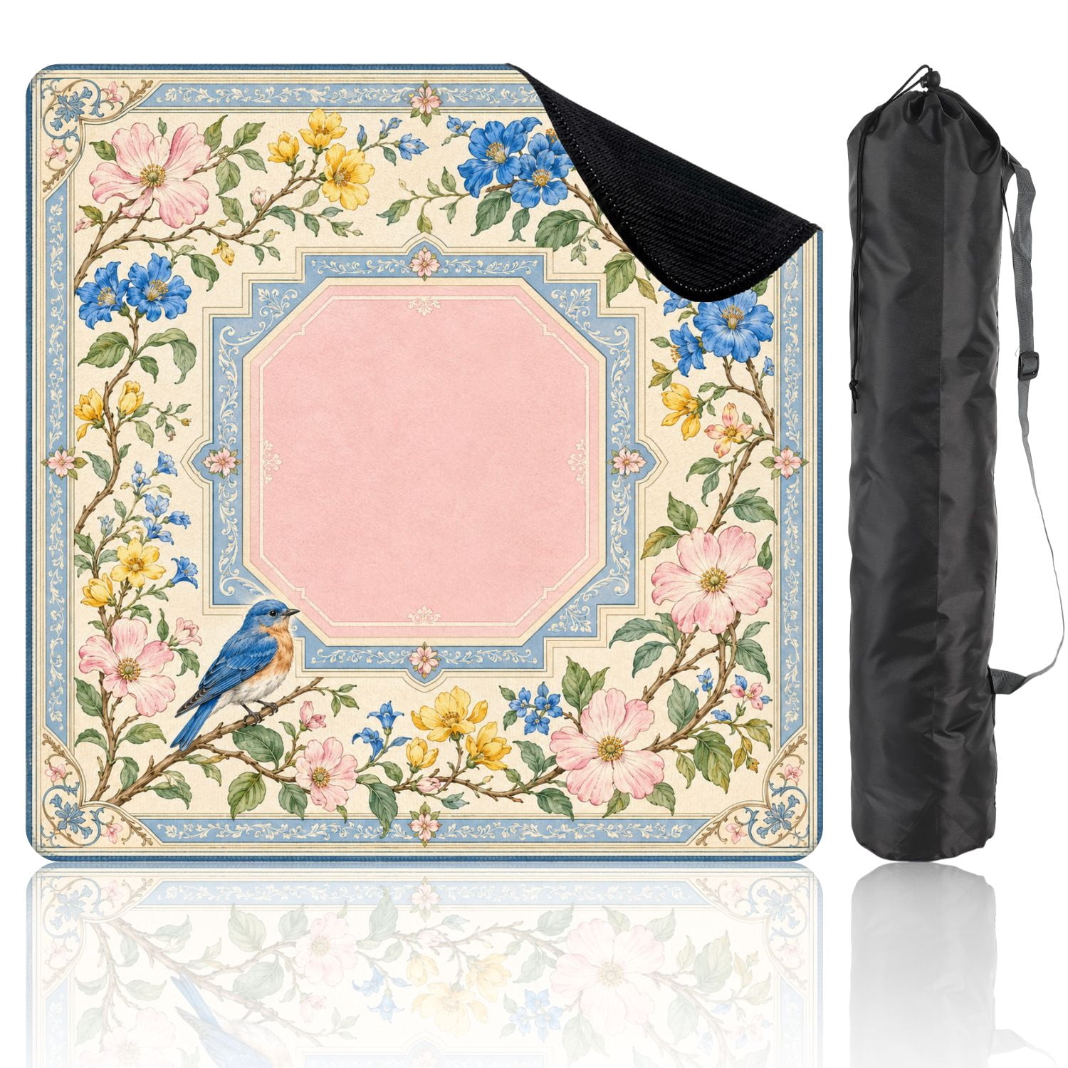 Mahjong Mat 31.5" x 31.5" Floral Border Pink Center Blue Bird Watercolor Non-Slip Noise Reduction Mahjong Tiles Table Cover for Dominoes Poker Card Board and Tile Games