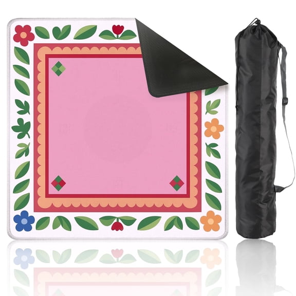 Mahjong Mat 31.5" x 31.5" Floral Border Pink Center Green Accents Anti-Slip and Noise Reduction Symmetry Design Mahjong Tiles Table Cover for Dominoes Poker Card Board and Tile Games