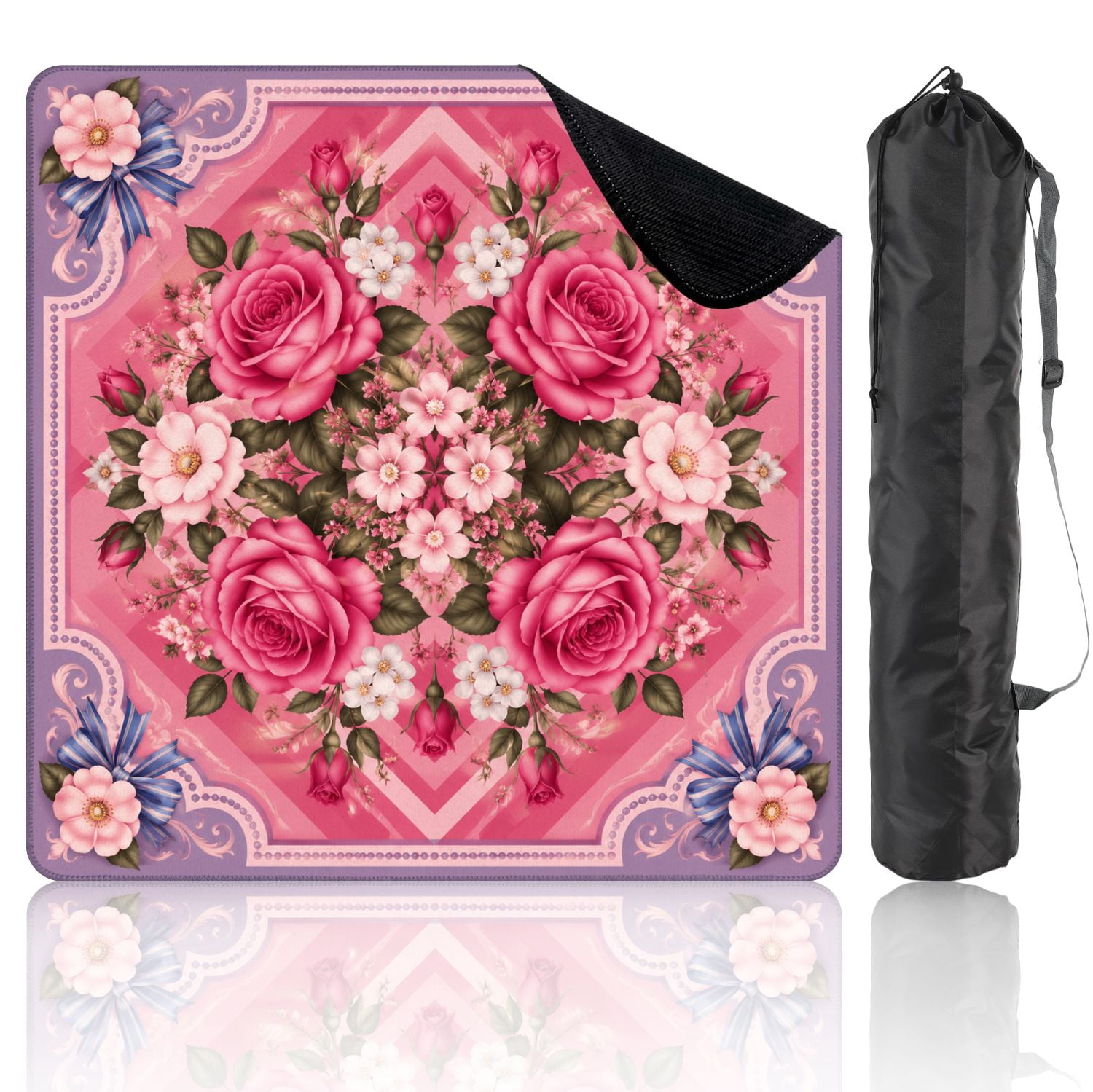 Mahjong Mat 31.5" x 31.5" Floral Border Pink White Camellias Soft Pastel Non-Slip Noise Reduction Mahjong Tiles Table Cover for Dominoes Poker Card Board and Tile Games