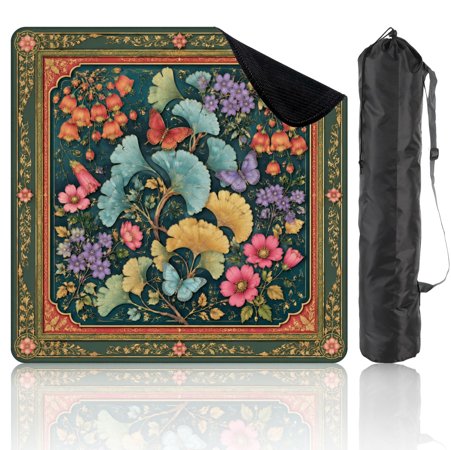 Mahjong Mat 31.5" x 31.5" Floral Botanical Ginkgo Leaves Butterflies Emerald Green Non-Slip Noise Reduction Mahjong Tiles Table Cover for Dominoes Poker Card Board and Tile Games