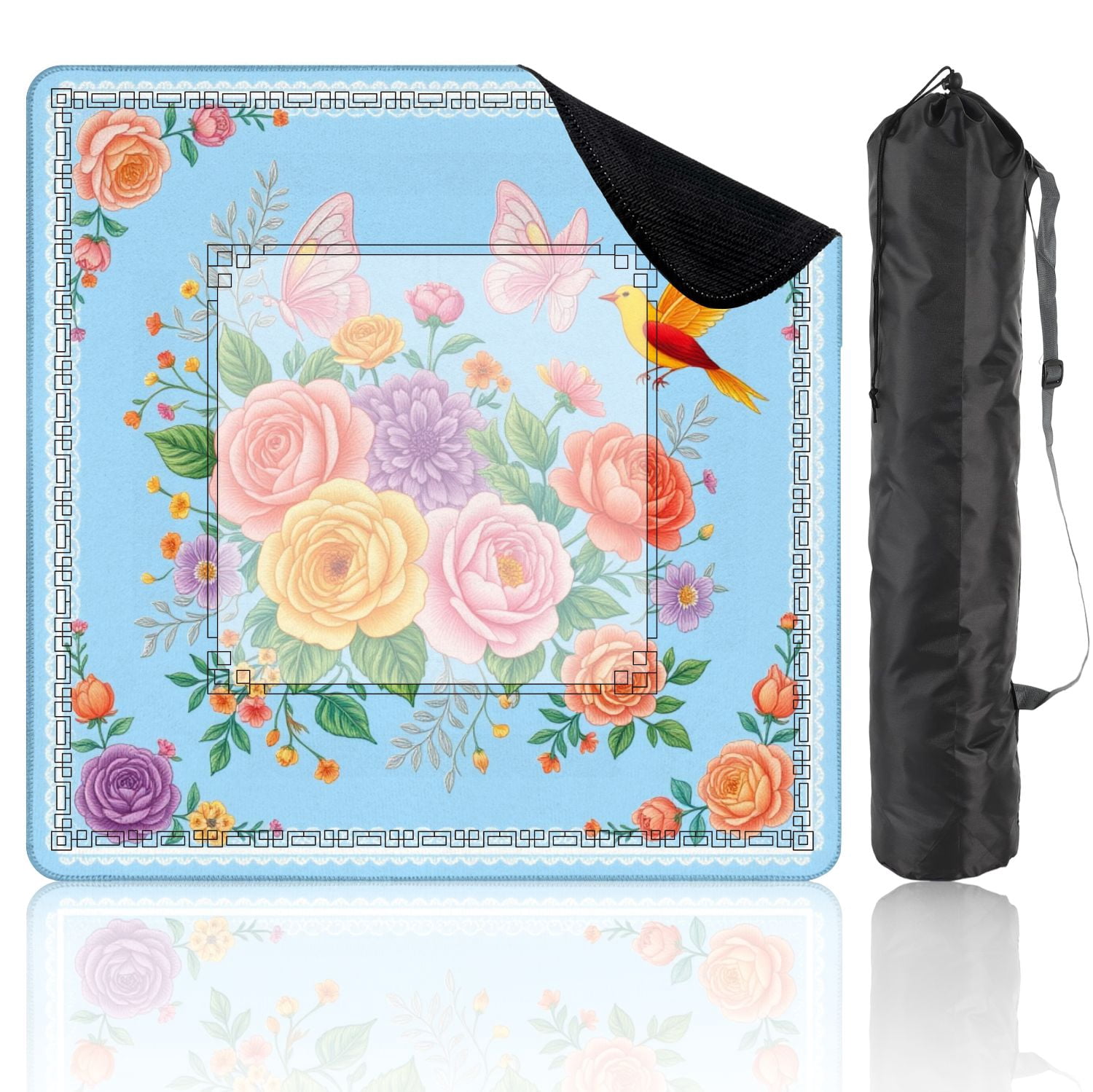 Mahjong Mat 31.5" x 31.5" Floral Bouquet Roses Butterflies Vibrant Bird Soft Blue Non-Slip Noise Reduction American Mahjong Tiles Table Cover for Dominoes Poker Card Board Games Gift