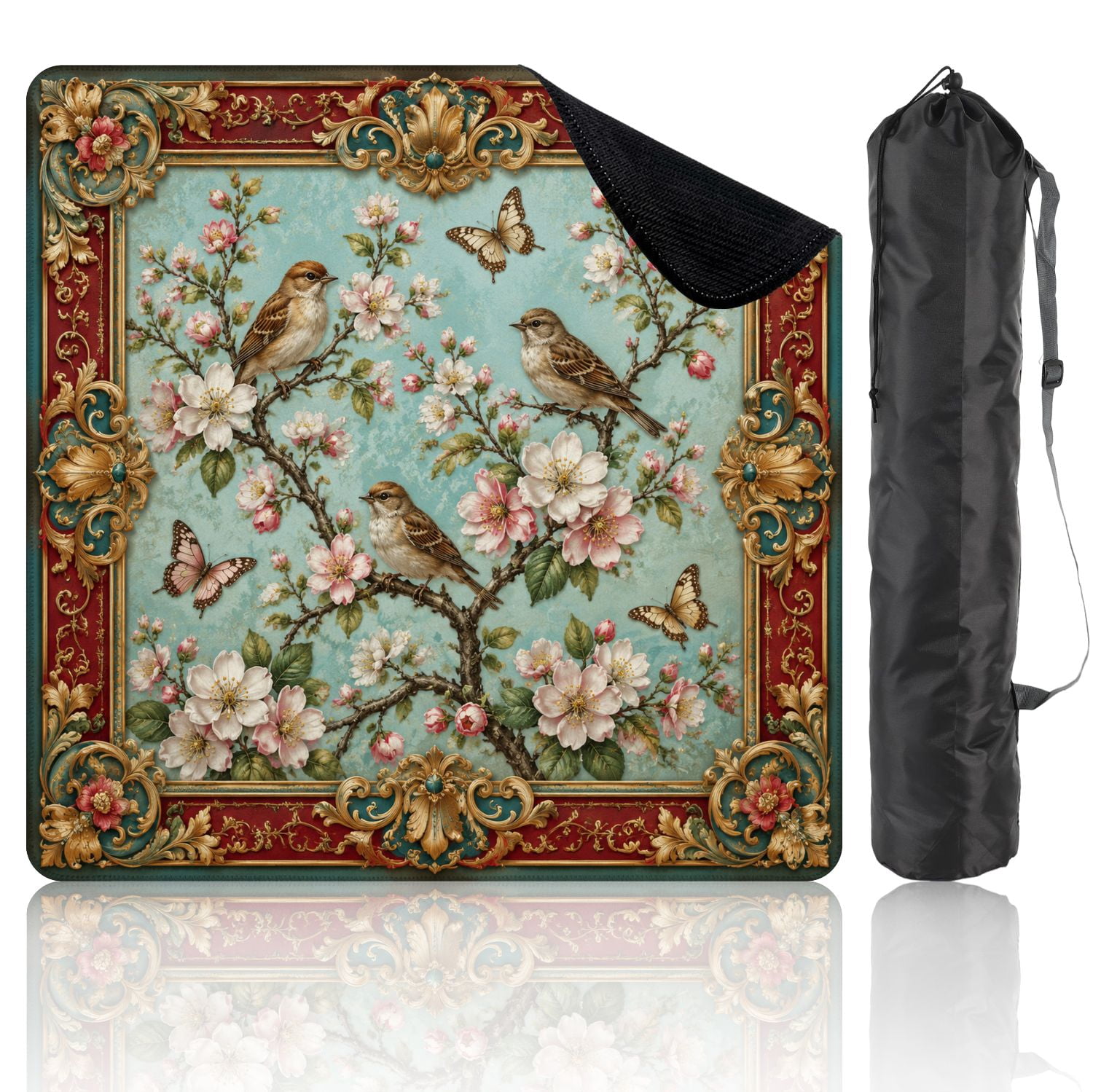 Mahjong Mat 31.5" x 31.5" Floral Branch Birds Butterflies Soft Pastel Colors Non-Slip Noise Reduction Mahjong Tiles Table Cover for Dominoes Poker Card Board and Tile Games