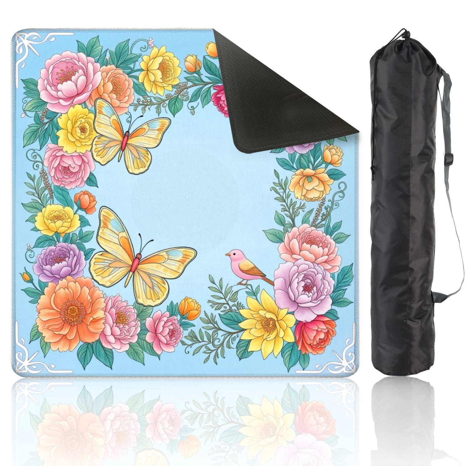 Mahjong Mat 31.5" x 31.5" Floral Butterfly Bird Pastel Flowers Elegant Design Non-Slip Noise Reduction American Mahjong Tiles Table Cover for Dominoes Poker Card Board Games Gift