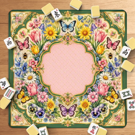 Mahjong Mat 31.5" x 31.5" Floral Butterfly Decorative Frame Pink Geometric Center Colorful Non-Slip Noise Reduction American Mahjong Tiles Table Cover for Dominoes Poker Card Board Games Gift