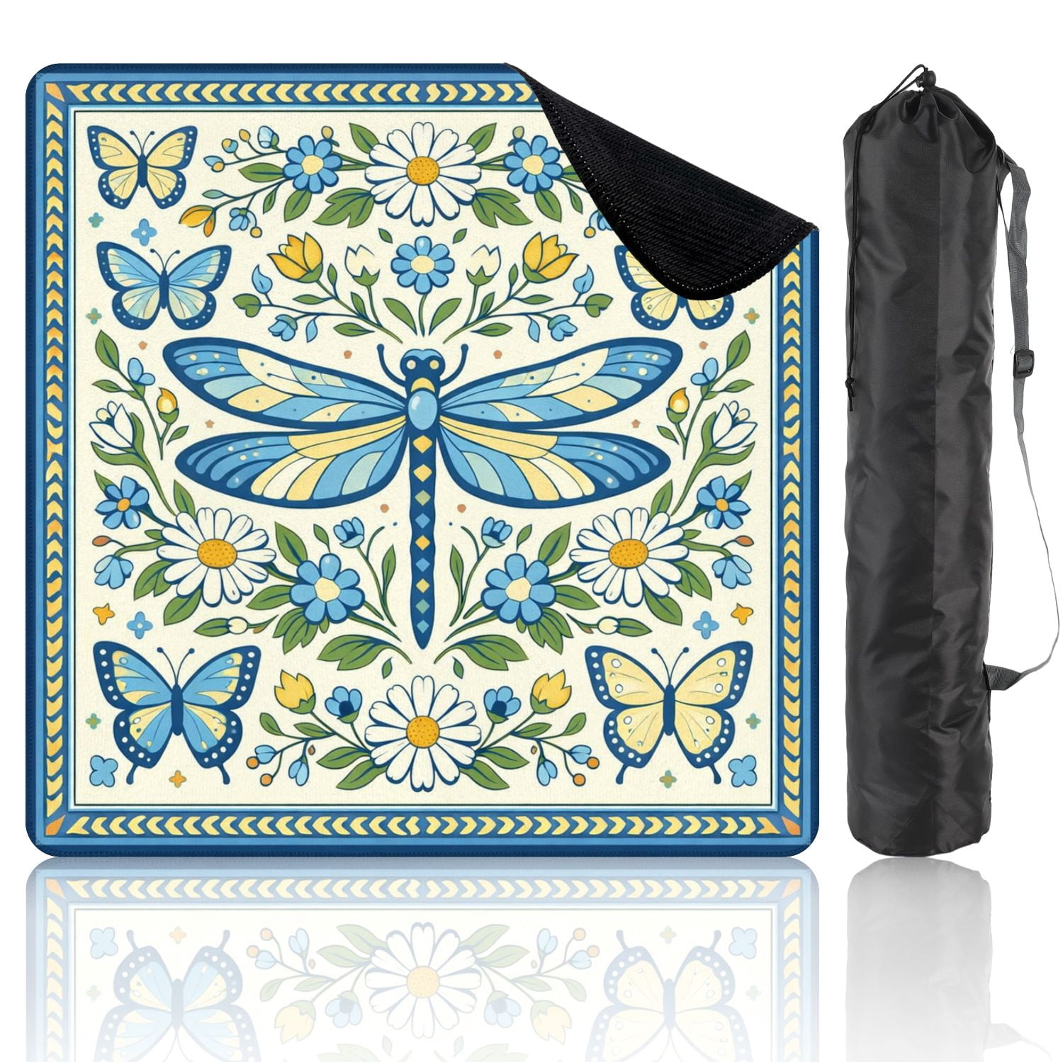 Mahjong Mat 31.5" x 31.5" Floral Butterfly Dragonflies Geometric Accents Non-Slip Noise Reduction Mahjong Tiles Table Cover for Dominoes Poker Card Board and Tile Games