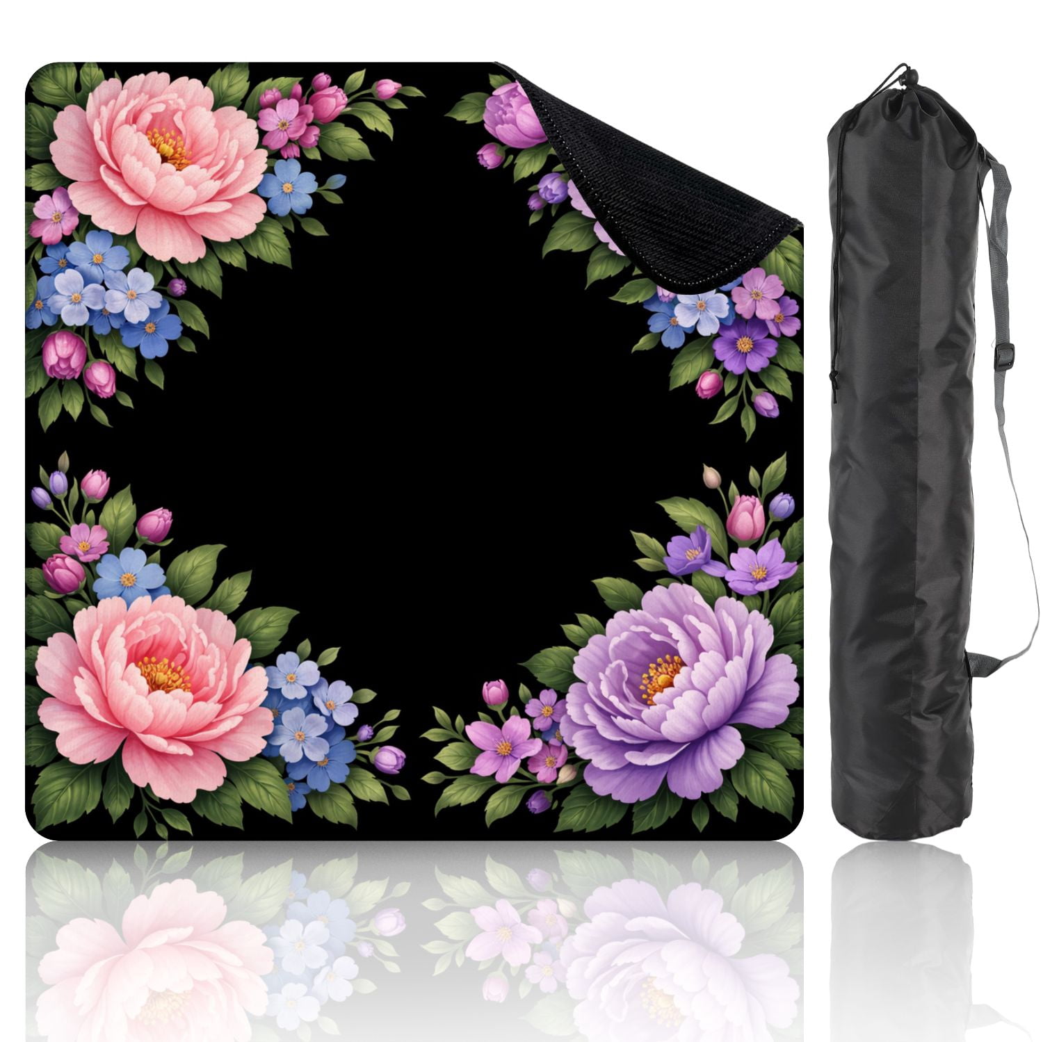 Mahjong Mat 31.5" x 31.5" Floral Corner Frame Pink Purple Peonies Blue Purple Flowers Green Non-Slip Noise Reduction Mahjong Tiles Table Cover for Dominoes Poker Card Board and Tile Games