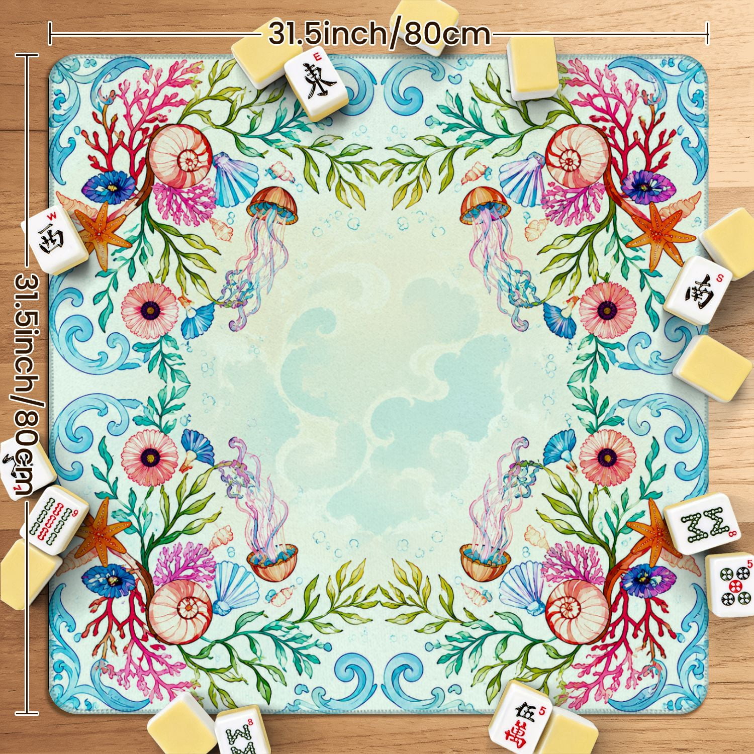 Mahjong Mat 31.5" x 31.5" Floral Crane Birds Butterflies Pagodas Sky Non-Slip Noise Reduction American Mahjong Tiles Table Cover for Dominoes Poker Card Board Games Gift