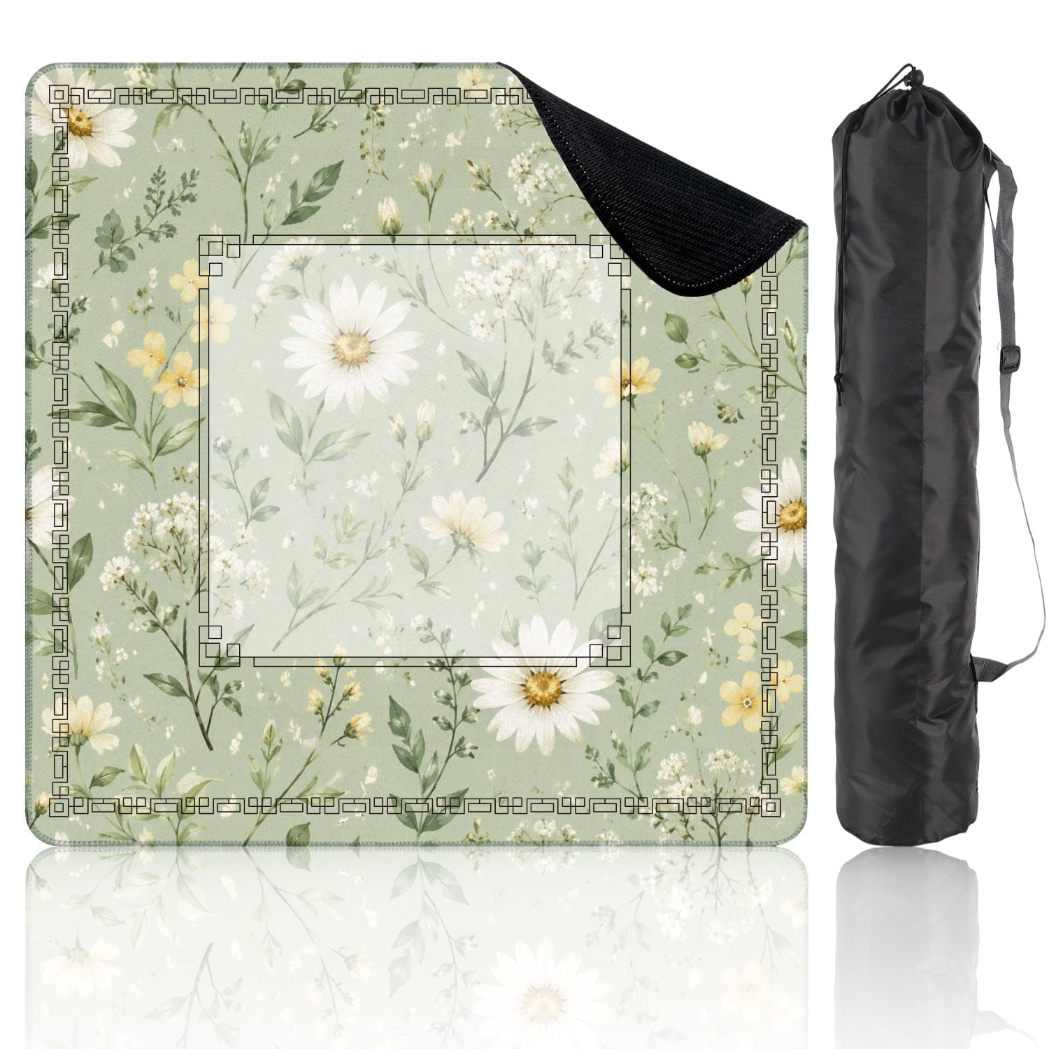 Mahjong Mat 31.5" x 31.5" Floral Daisy Wildflowers Pastel Green Non-Slip Noise Reduction American Mahjong Tiles Table Cover for Dominoes Poker Card Board Games Gift