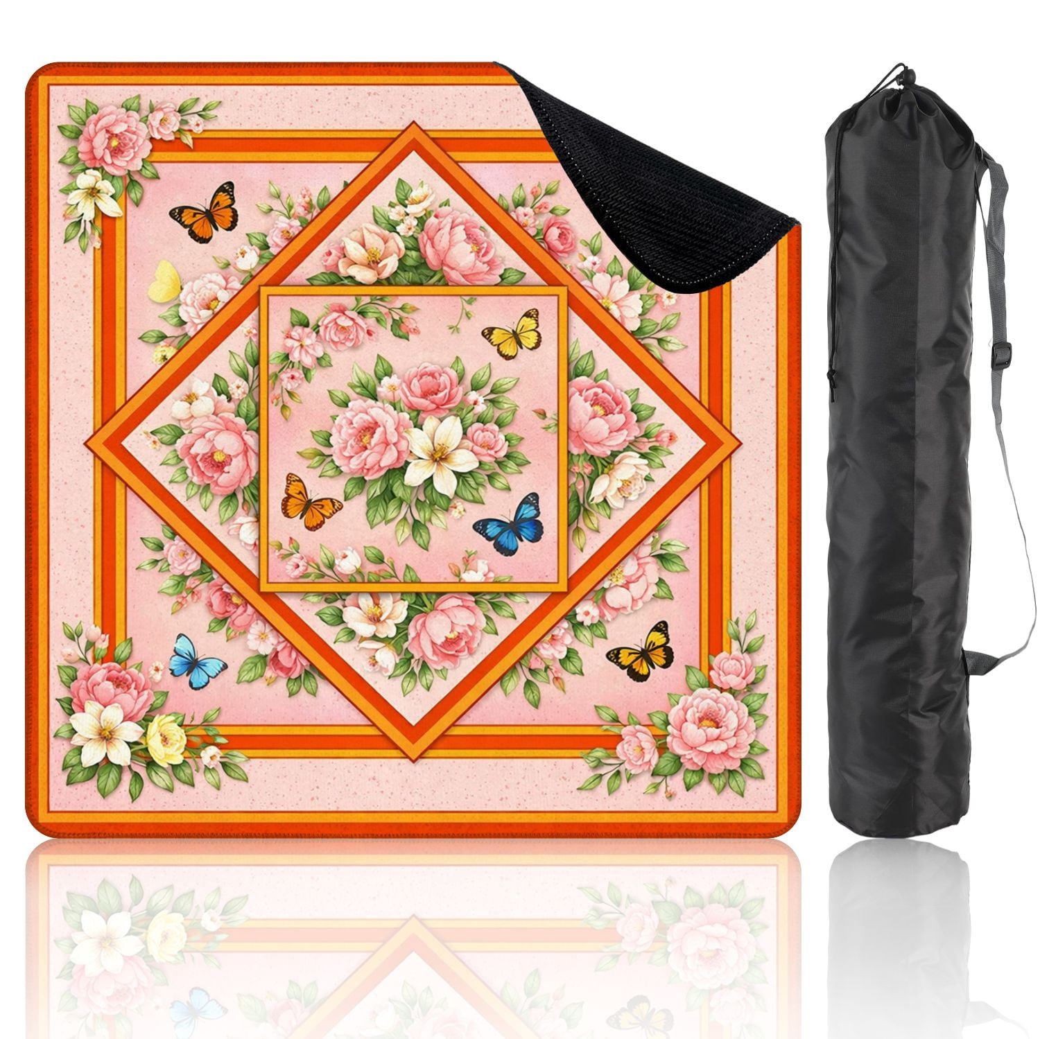 Mahjong Mat 31.5" x 31.5" Floral Diamond Butterflies Soft Pink Orange Non-Slip Noise Reduction Mahjong Tiles Table Cover for Dominoes Poker Card Board and Tile Games