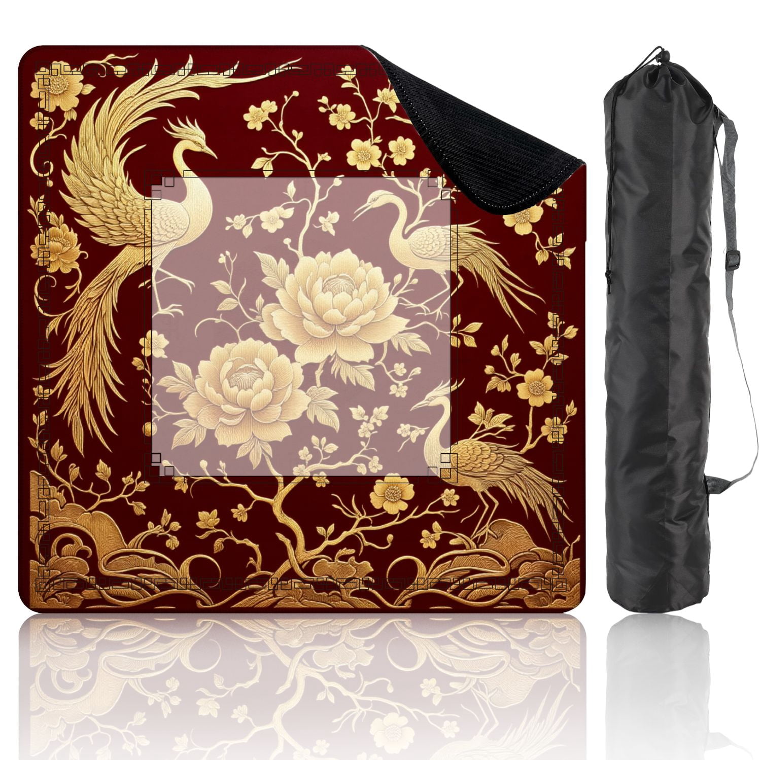 Mahjong Mat 31.5" x 31.5" Floral Embroidery Crimson Non-Slip Noise Reduction American Mahjong Tiles Table Cover for Dominoes Poker Card Board Games Gift