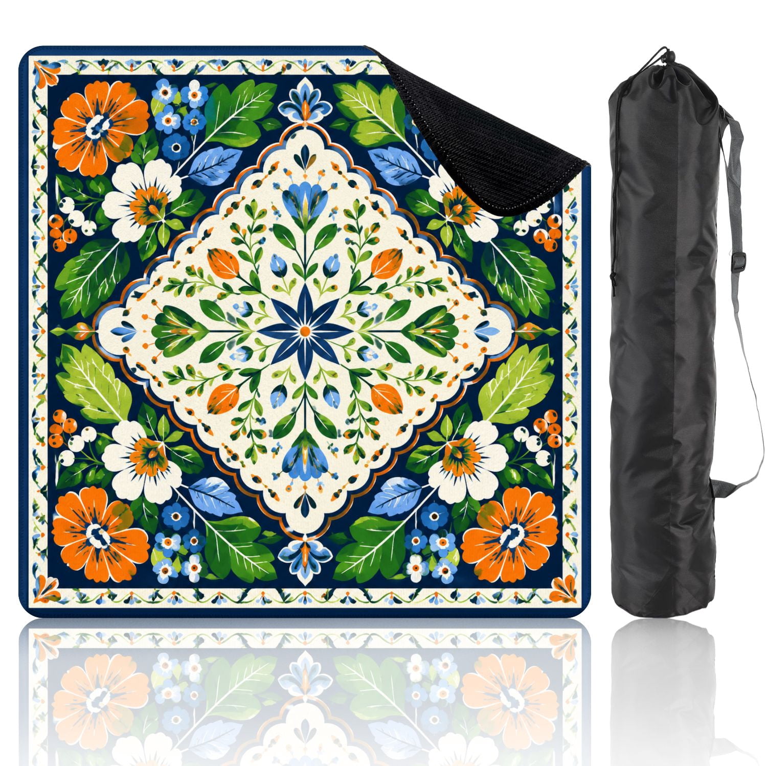Mahjong Mat 31.5" x 31.5" Floral Folk Art Orange Blue White Flowers Green Leaves Dark Non-Slip Noise Reduction Mahjong Tiles Table Cover for Dominoes Poker Card Board and Tile Games