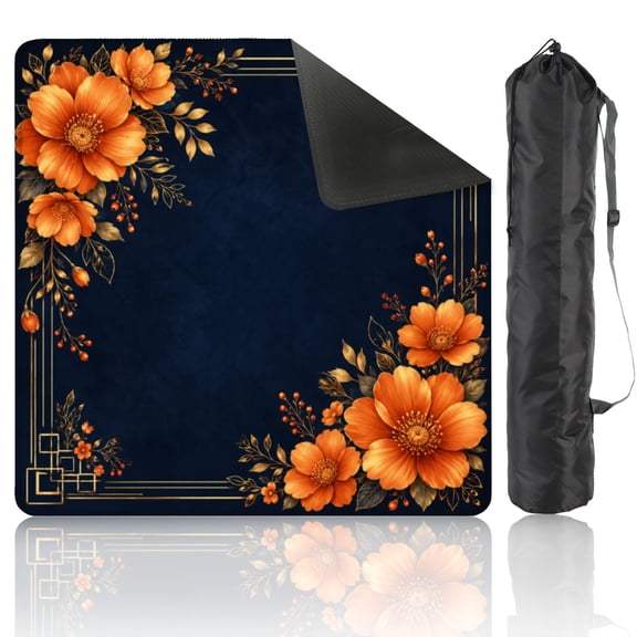 Mahjong Mat 31.5" x 31.5" Floral Frame Golden Accents Orange Blossoms Dark Blue Non-Slip Noise Reduction American Mahjong Tiles Table Cover for Dominoes Poker Card Board Games Gift