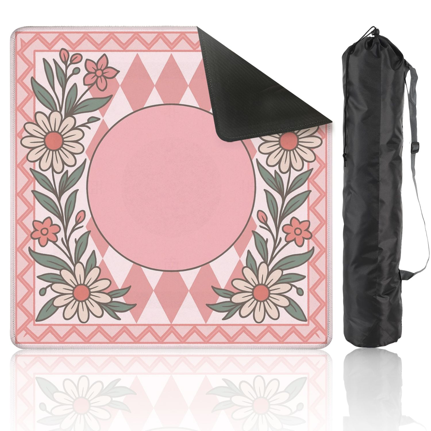 Mahjong Mat 31.5" x 31.5" Floral Frame Pink Diamond Empty Center for Customization Anti-Slip and Noise Reduction Symmetry Design Mahjong Tiles Table Cover for Dominoes Poker Card Board and Tile Games