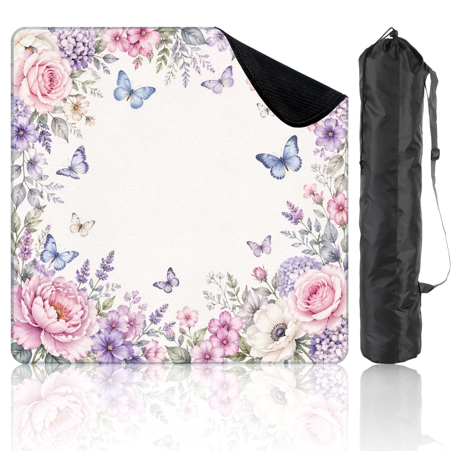 Mahjong Mat 31.5" x 31.5" Floral Frame Pink Roses Purple Hydrangeas Lavender Blue Butterflies Non-Slip Noise Reduction Mahjong Tiles Table Cover for Dominoes Poker Card Board and Tile Games