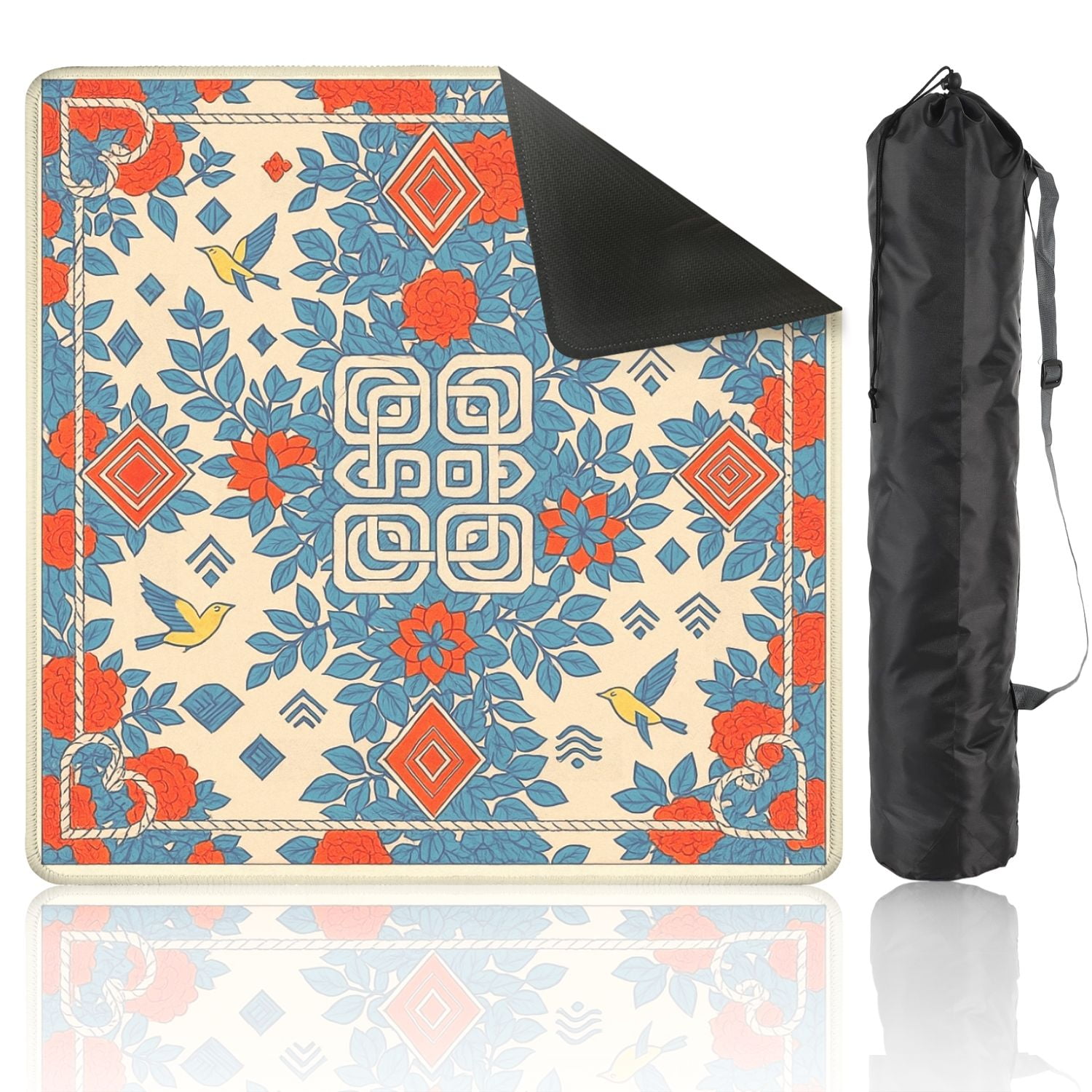 Mahjong Mat 31.5" x 31.5" Floral Geometric Birds Blue Red Cream Tones Anti-Slip and Noise Reduction Symmetry Design Mahjong Tiles Table Cover for Dominoes Poker Card Board and Tile Games
