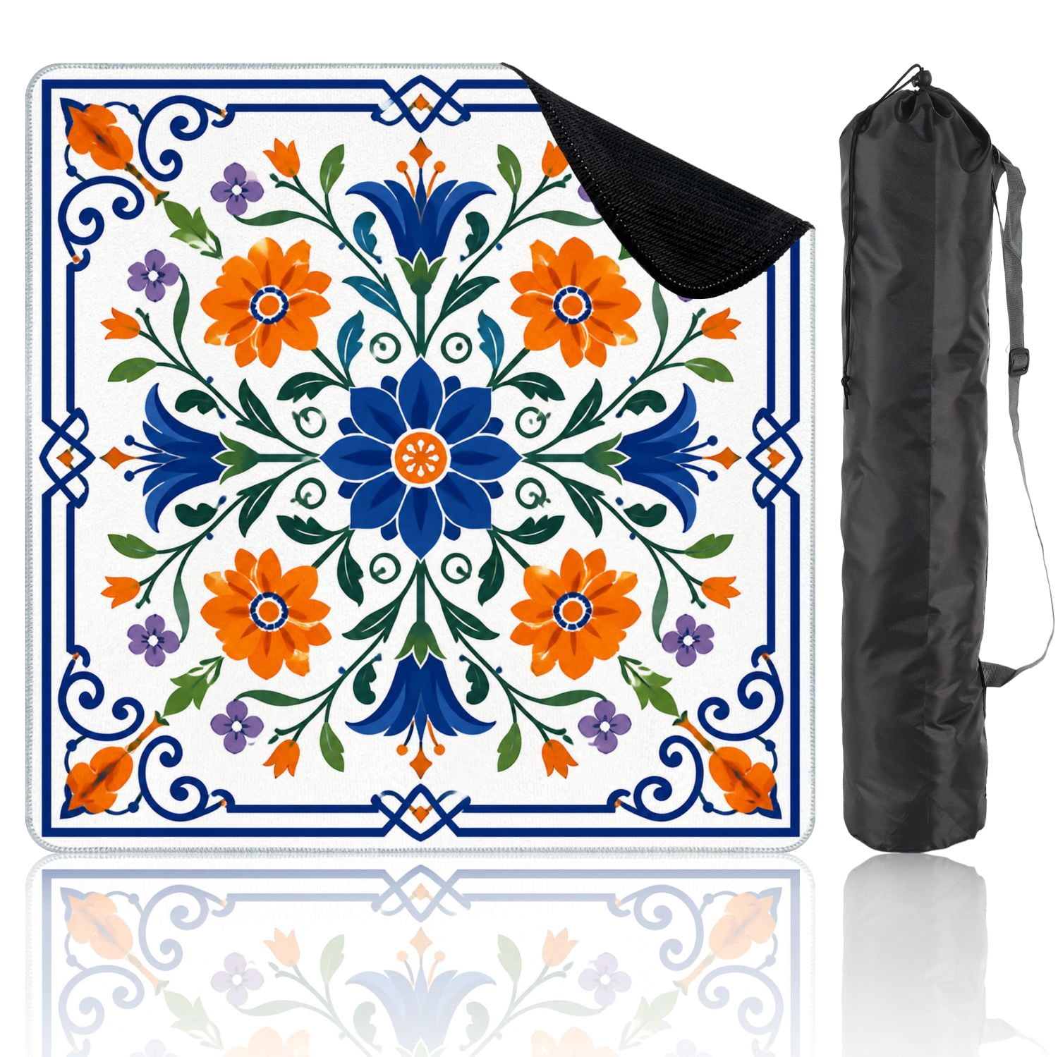 Mahjong Mat 31.5" x 31.5" Floral Geometric Blue Orange Purple Flowers Symmetrical Non-Slip Noise Reduction Mahjong Tiles Table Cover for Dominoes Poker Card Board and Tile Games