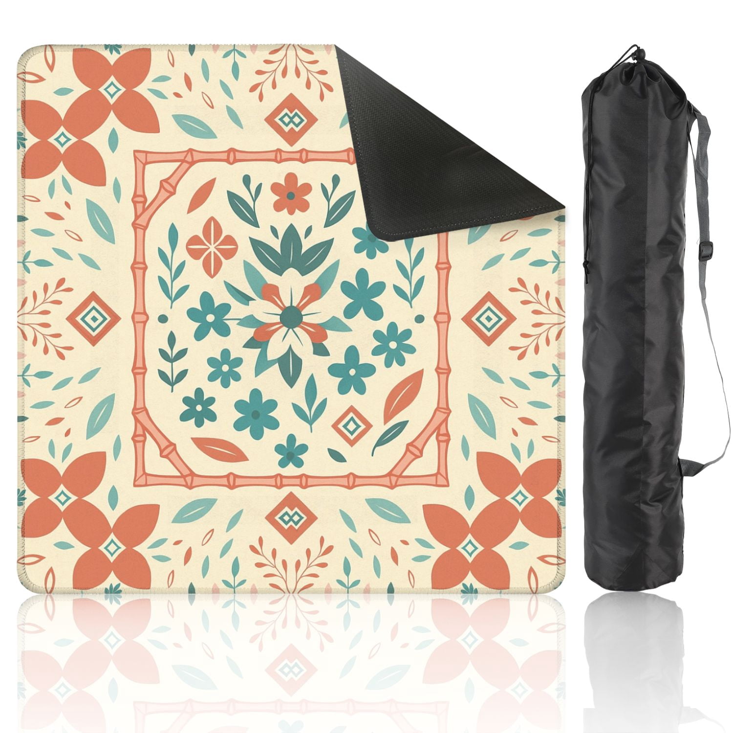 Mahjong Mat 31.5" x 31.5" Floral Geometric Elements Soft Coral Teal Tones Anti-Slip and Noise Reduction Symmetry Design Mahjong Tiles Table Cover for Dominoes Poker Card Board and Tile Games