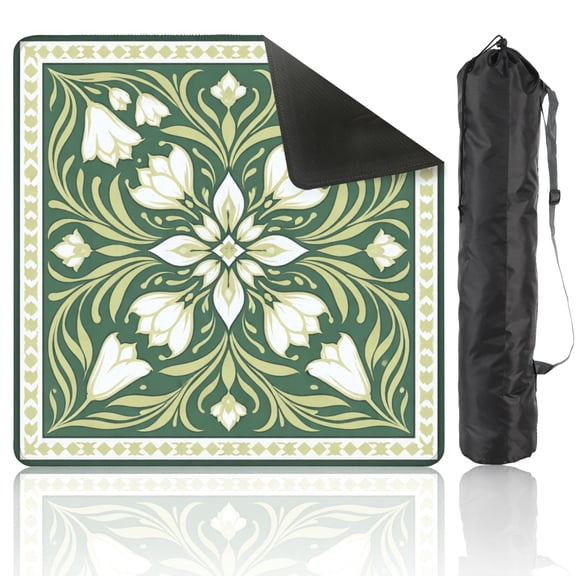 Mahjong Mat 31.5" x 31.5" Floral Geometric Folk White Blossoms Green Anti-Slip and Noise Reduction Symmetry Design Mahjong Tiles Table Cover for Dominoes Poker Card Board and Tile Games