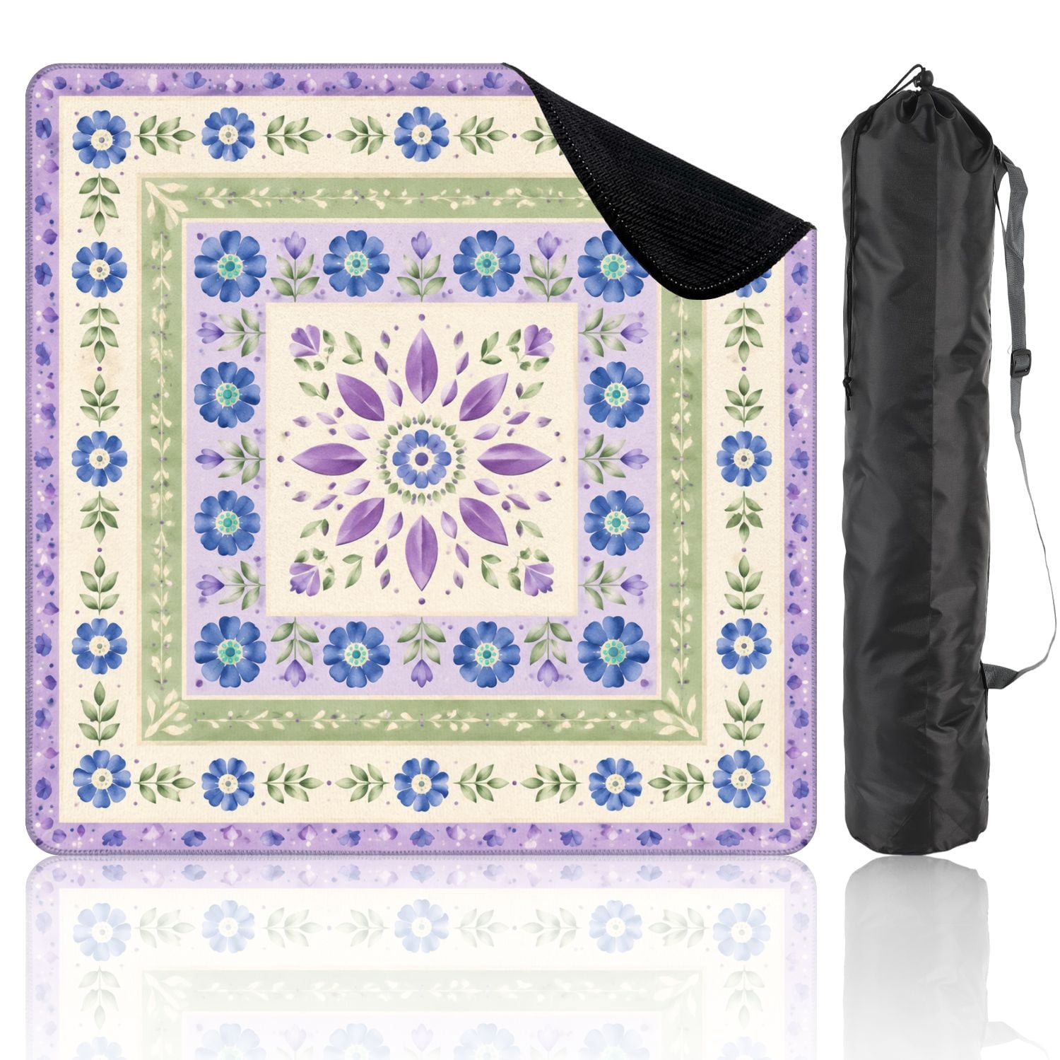 Mahjong Mat 31.5" x 31.5" Floral Geometric Pastel Purple Blue Decorative Borders Non-Slip Noise Reduction Chic Portable Gaming Table Cover for Family Game Night & Gift